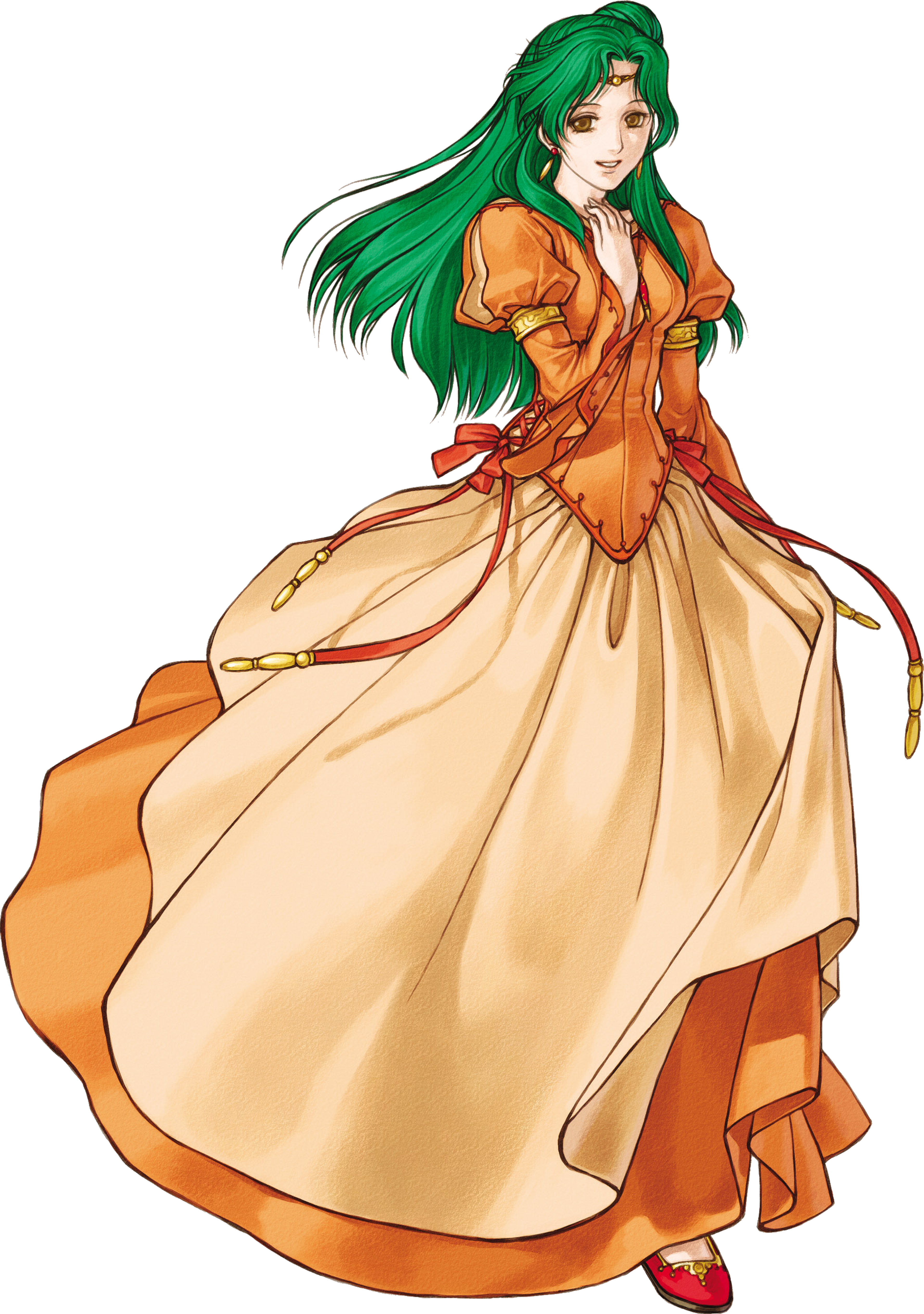 A young woman with green hair wearing an ornate orange and beige dress