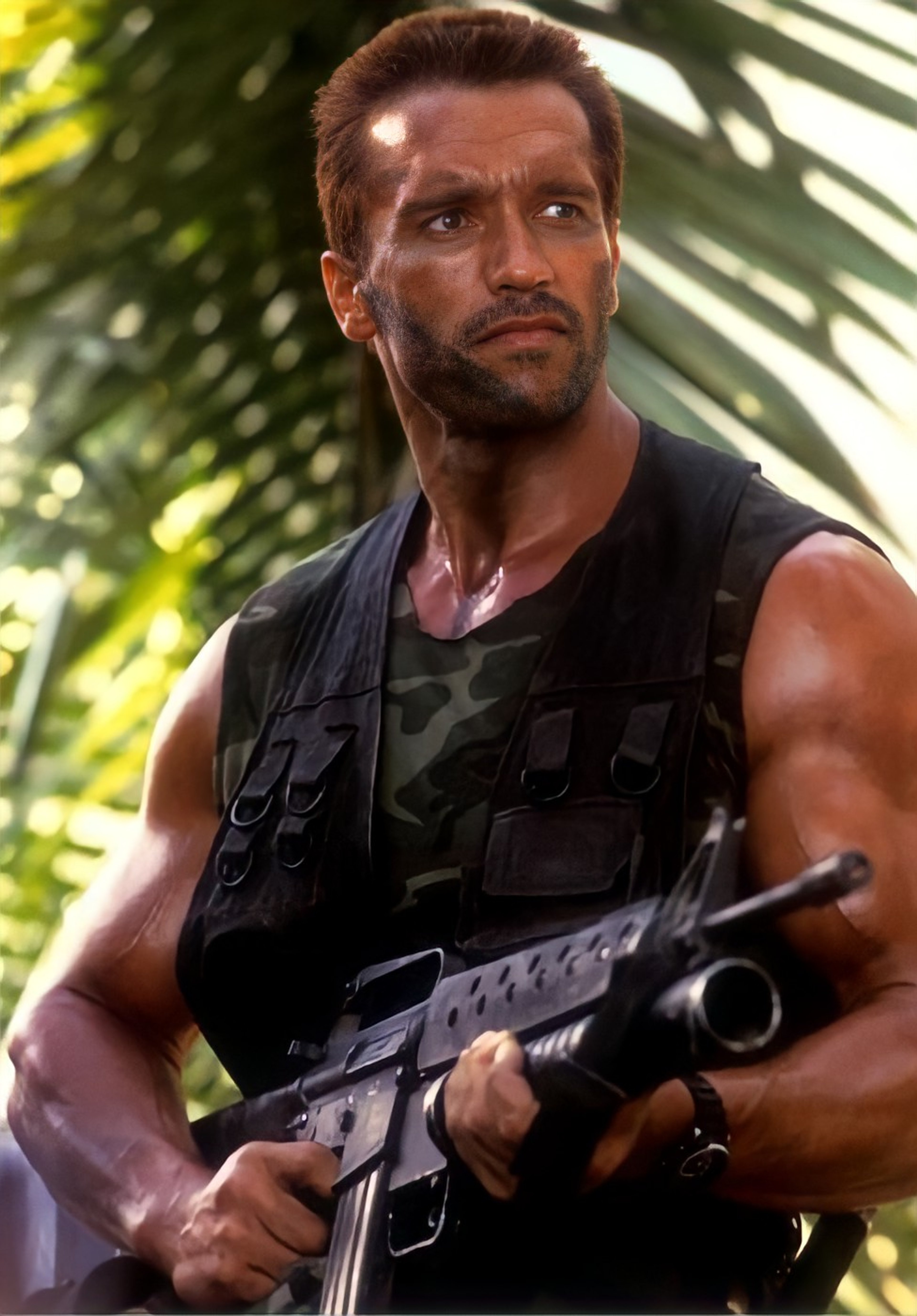 A muscular, bearded man in tactical gear holding a large firearm in a jungle setting