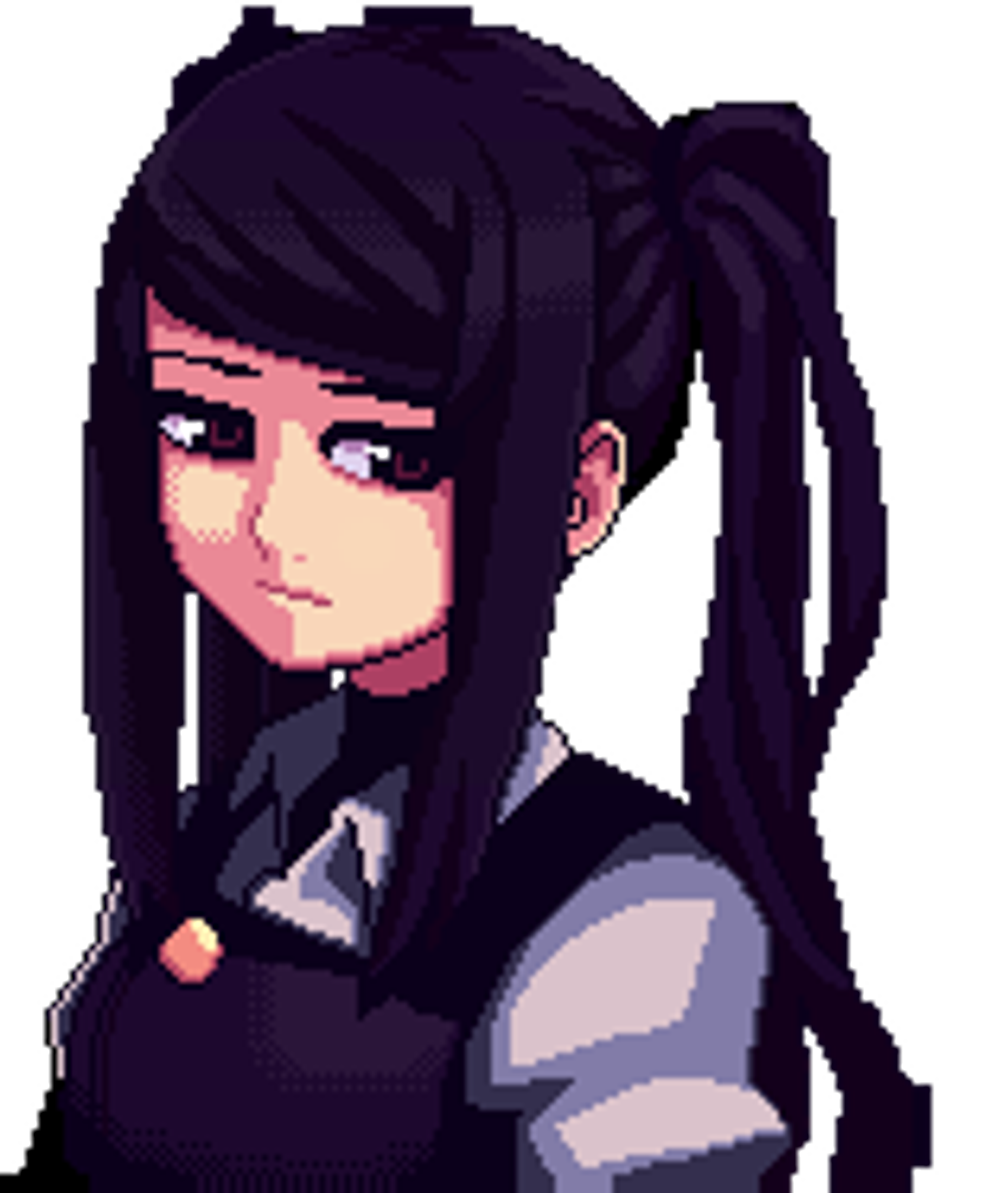 An anime-style character with long dark hair in two ponytails, wearing a black outfit with gray accents and a serious expression.