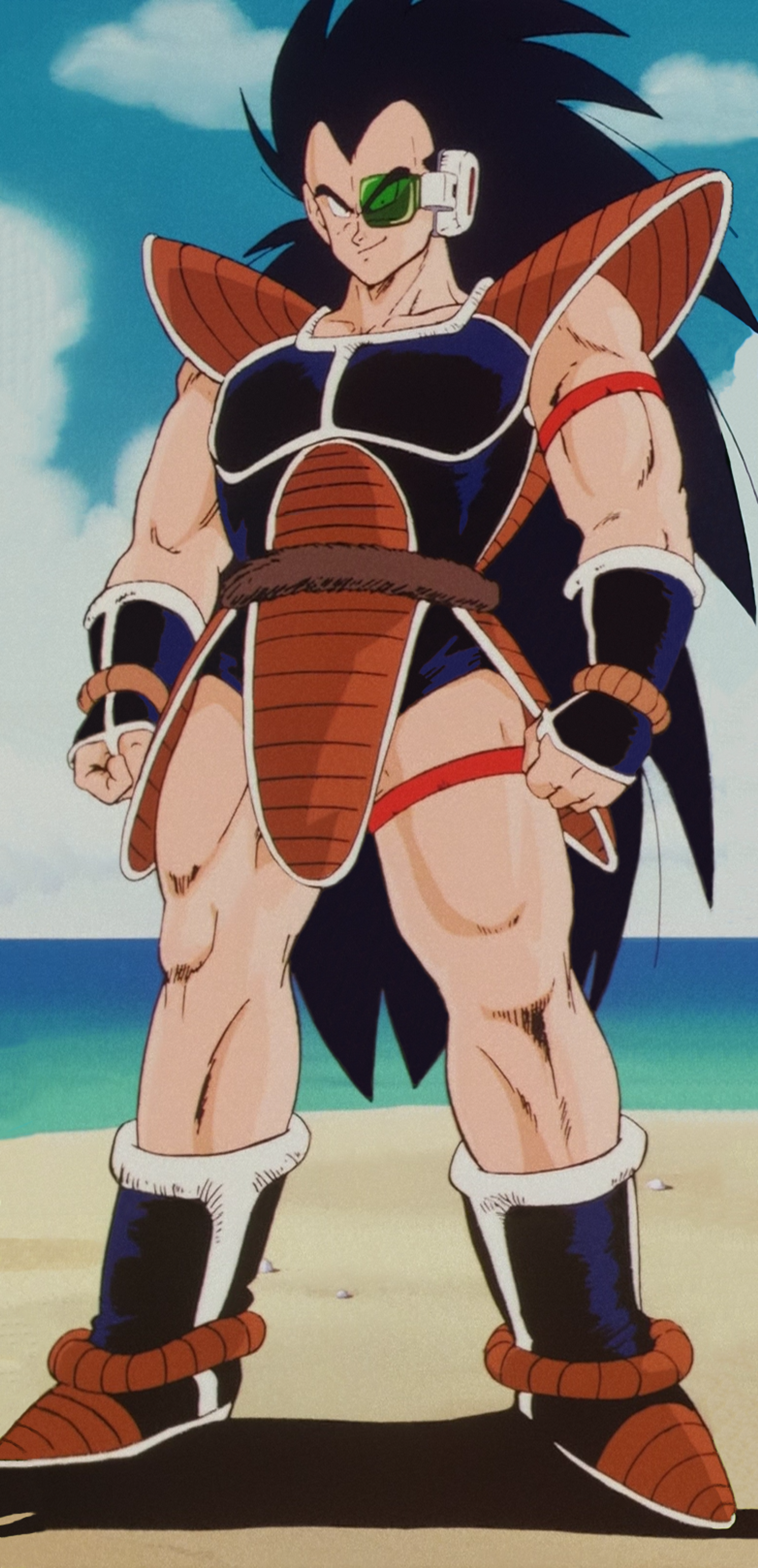 A muscular male anime character with long black hair wearing Saiyan armor