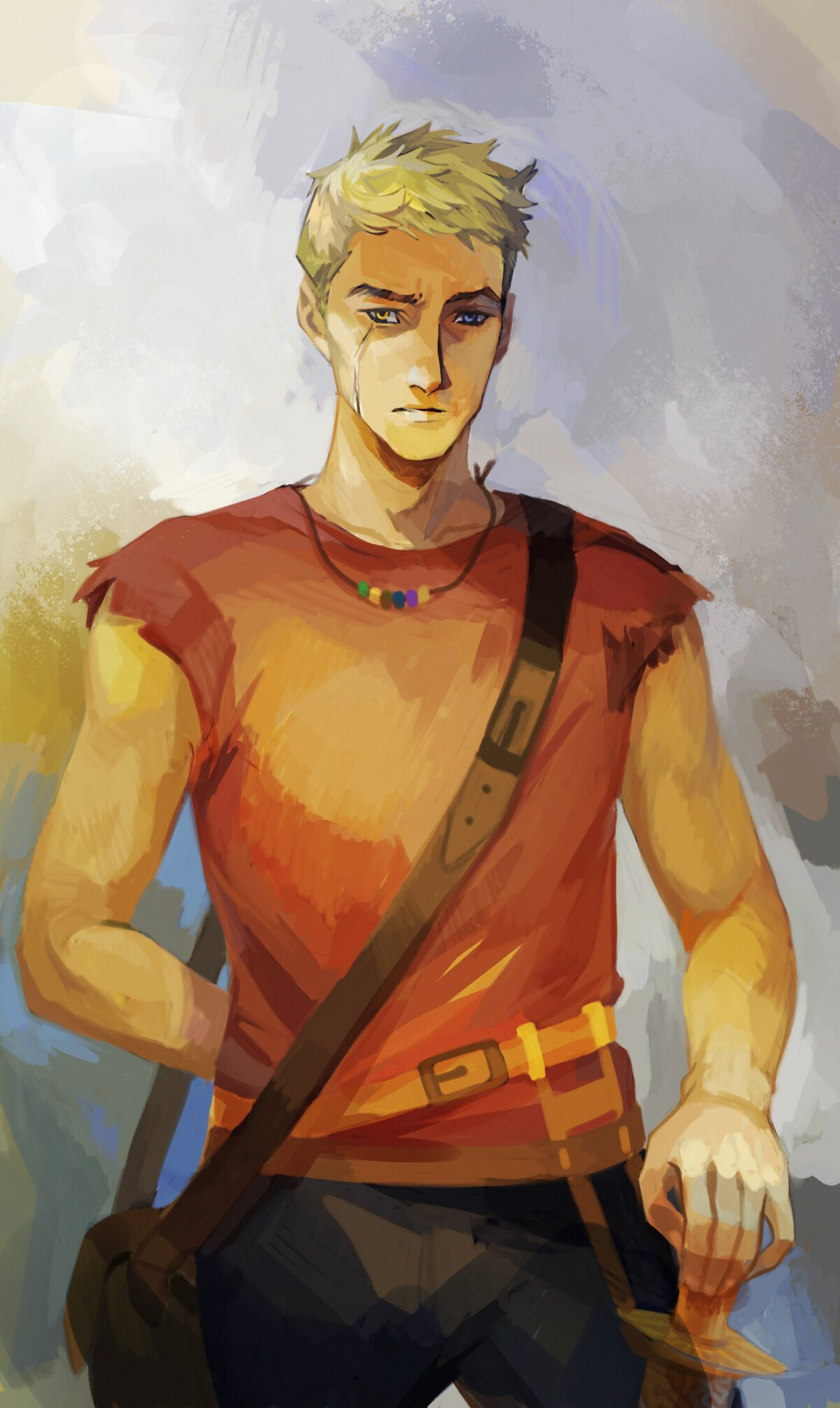 A young man with sandy blonde hair and a scar on his face, wearing Greek-style battle armor over an orange t-shirt.