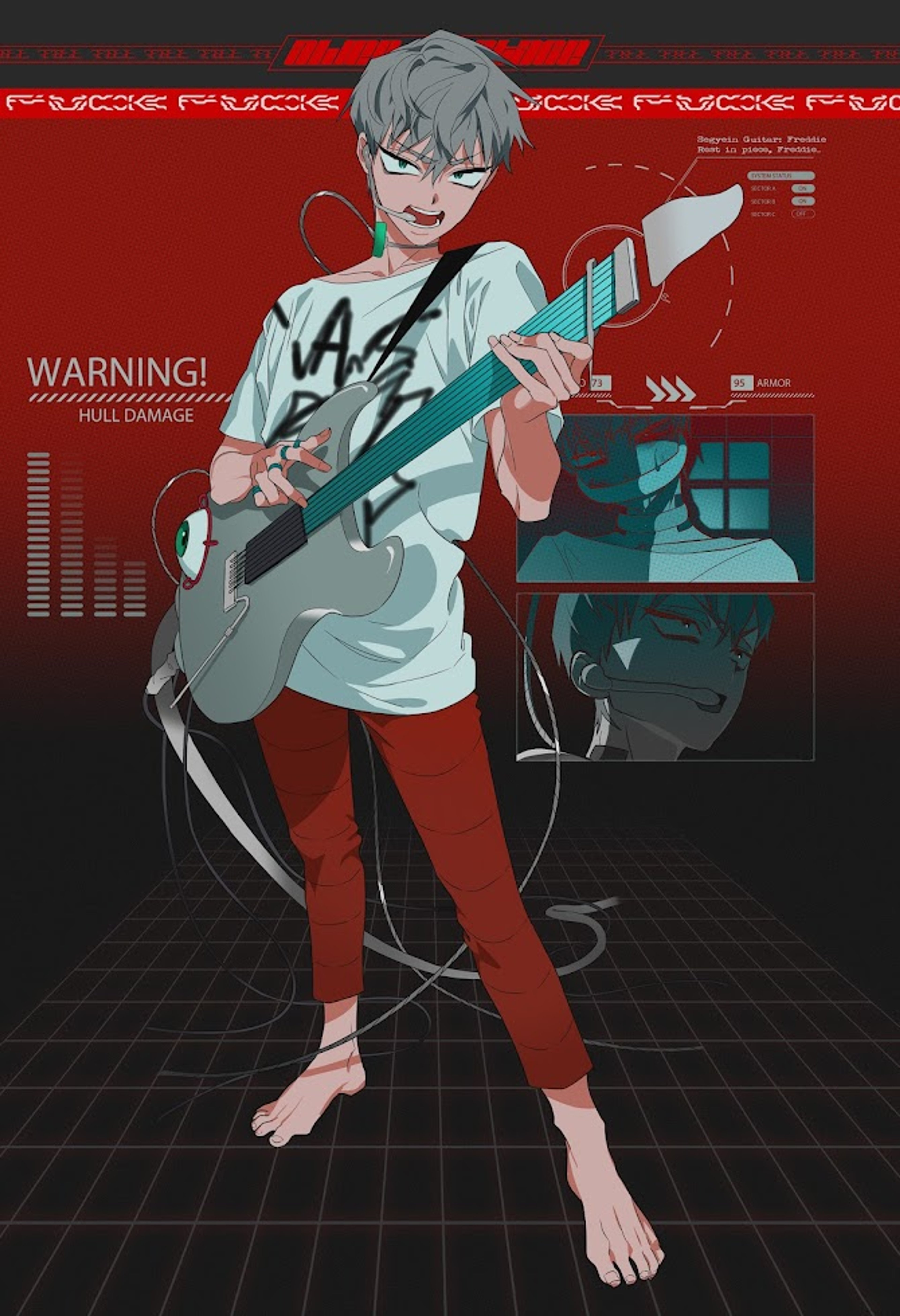 A young, androgynous character in a futuristic setting holding a weapon or tool.