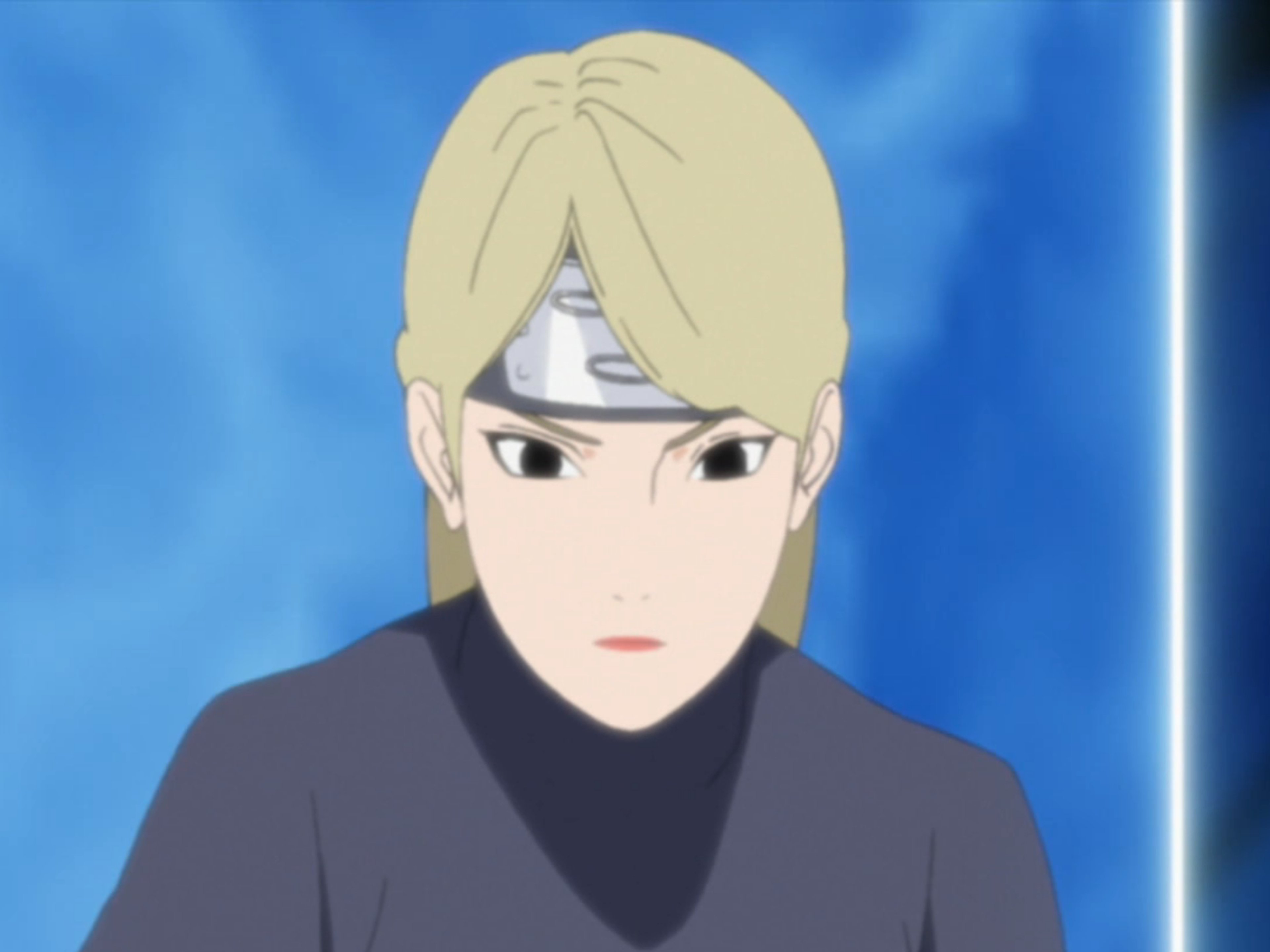 An anime-style character with blonde hair and a serious expression, wearing a dark outfit.