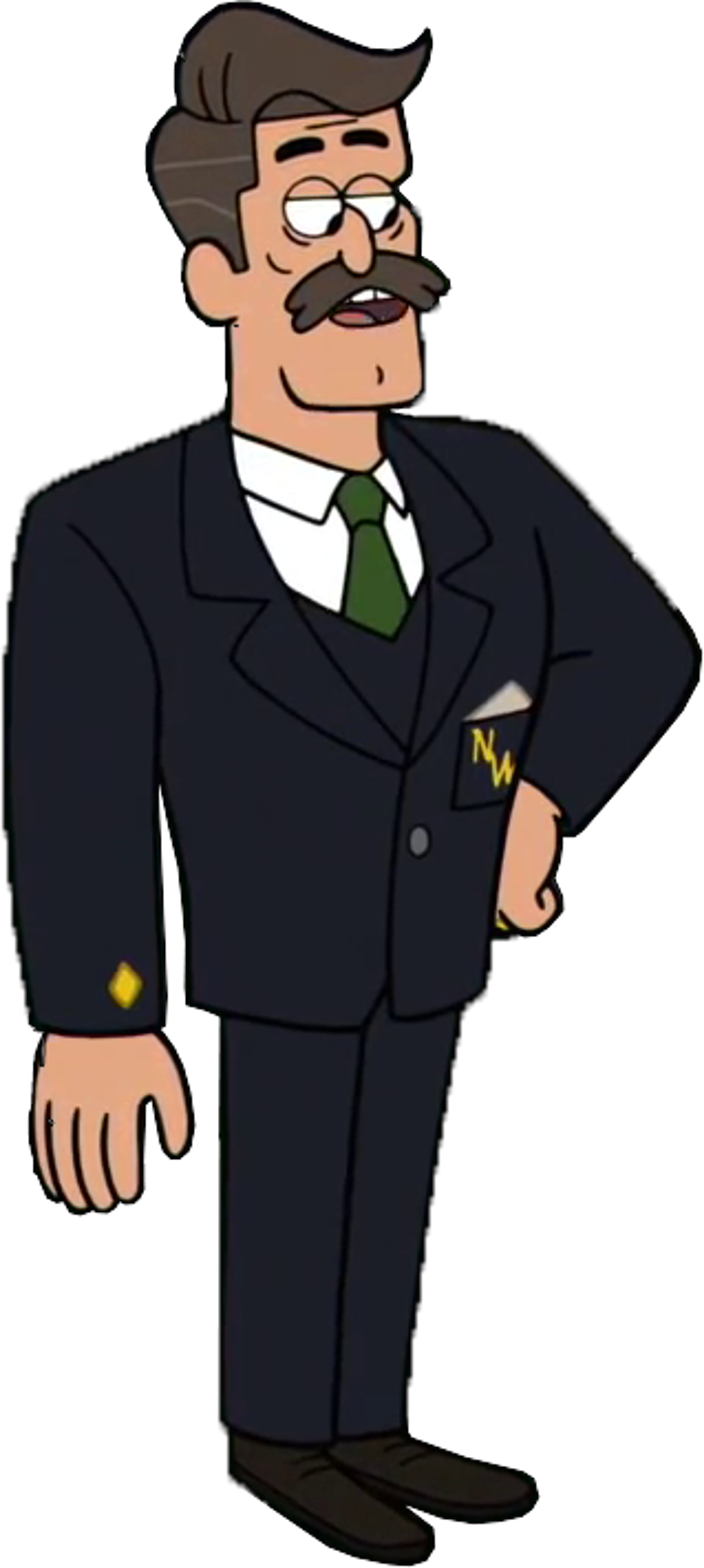 An animated character in a suit and tie with a mustache