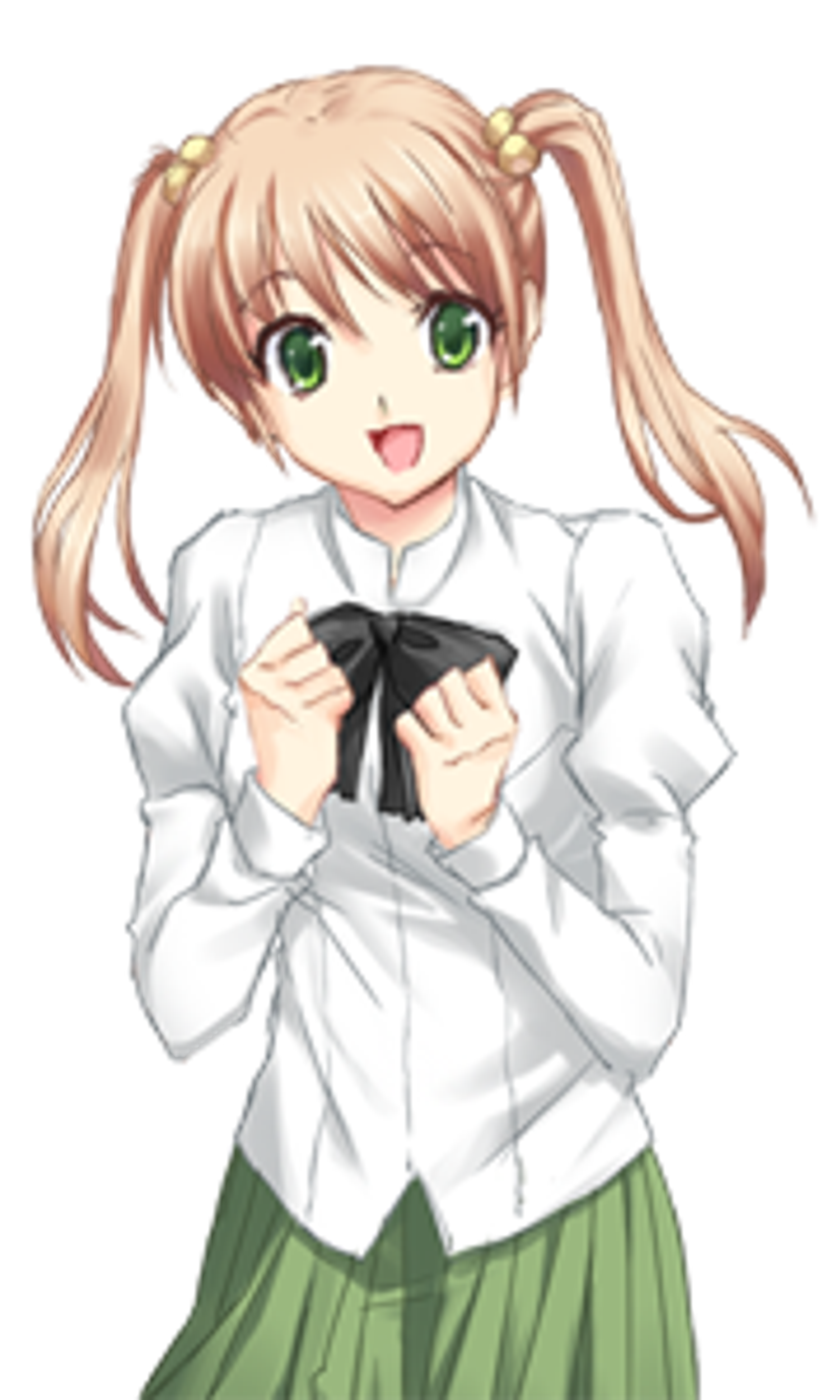 An anime-style character with light brown hair in pigtails, wearing a white school uniform with a black bow tie.