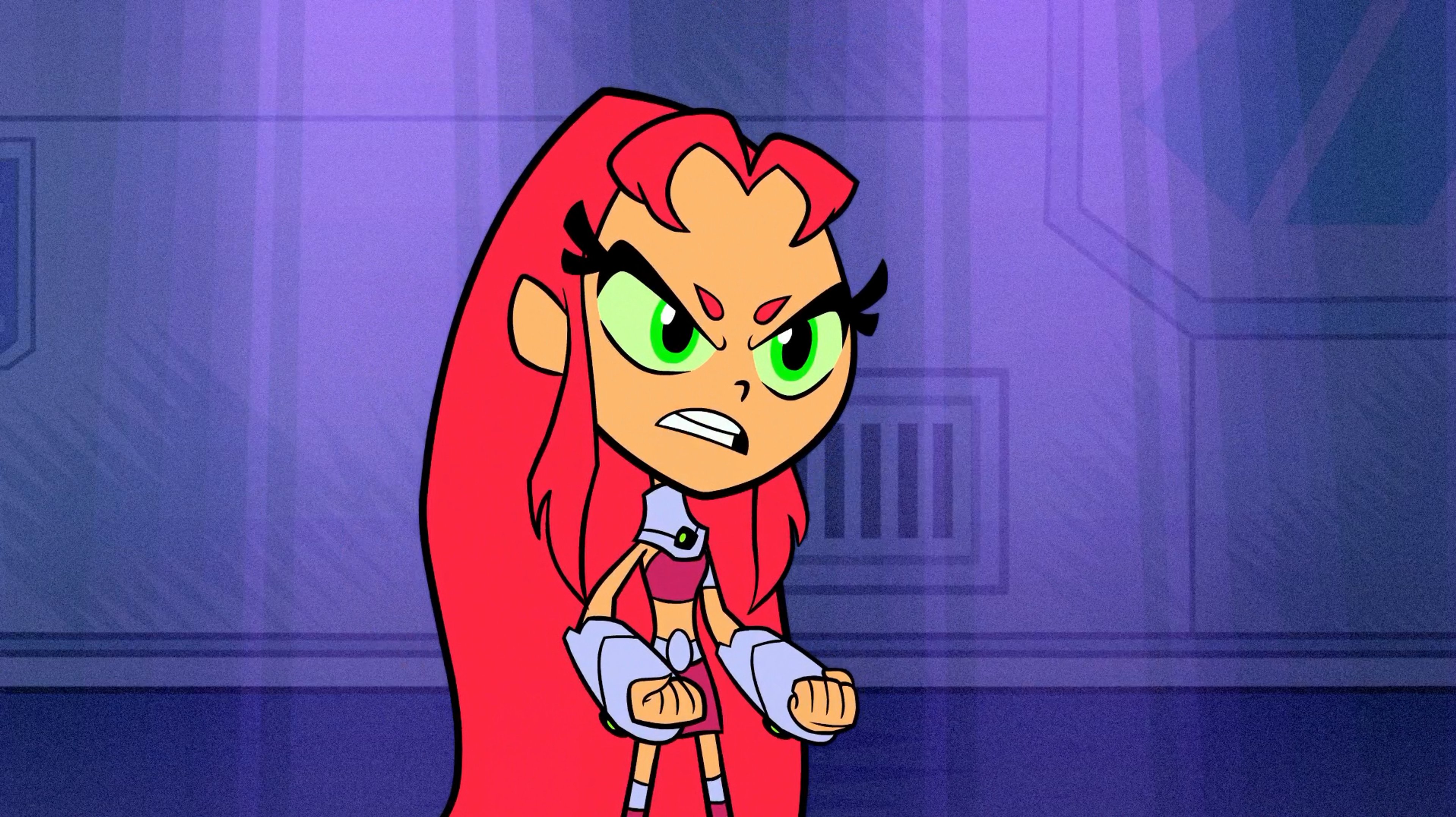 A fierce, warrior-like female character with red hair and a torn red outfit, in a battle-ready stance.