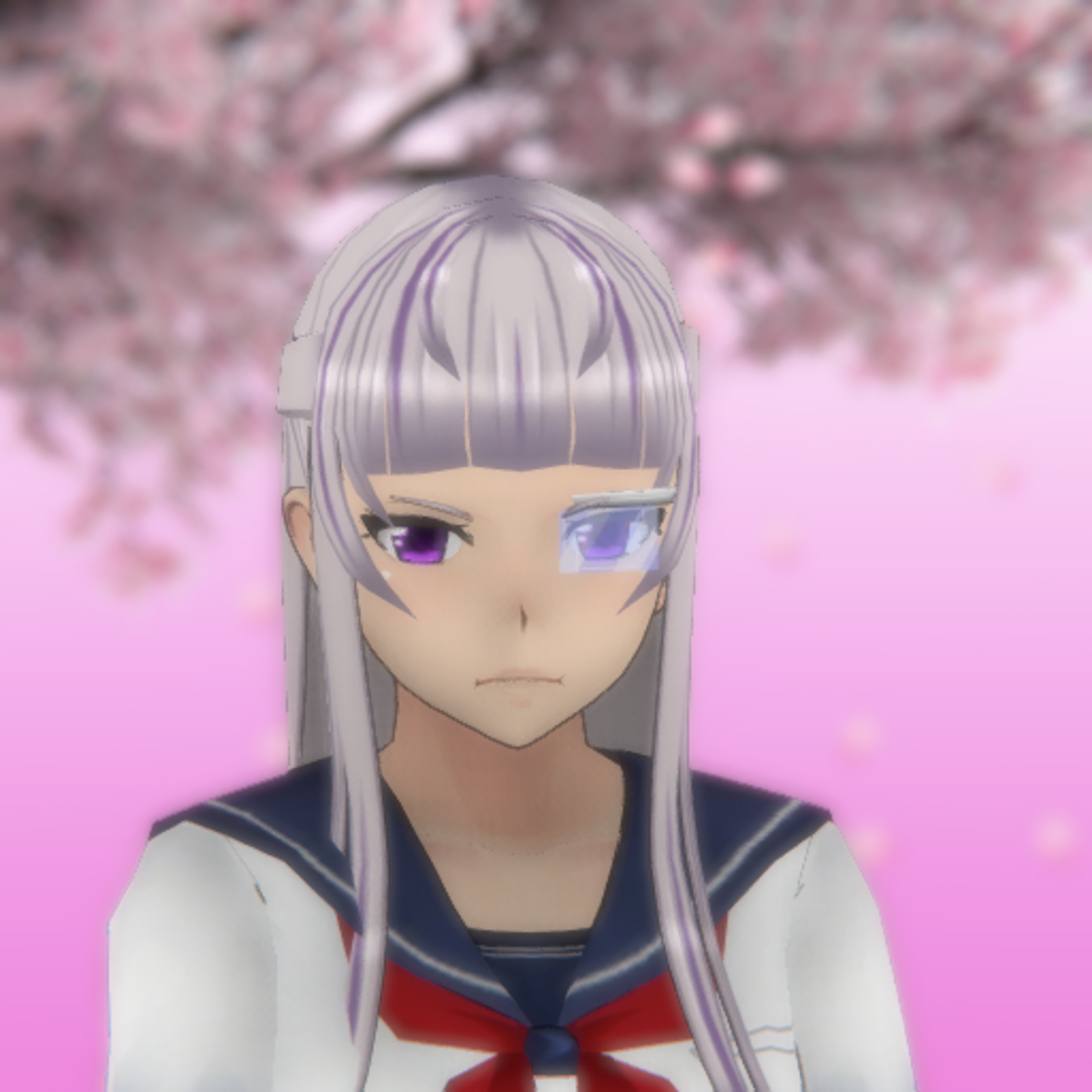 A young woman with gray hair and purple streaks wearing a school uniform and lab coat, with a calm expression