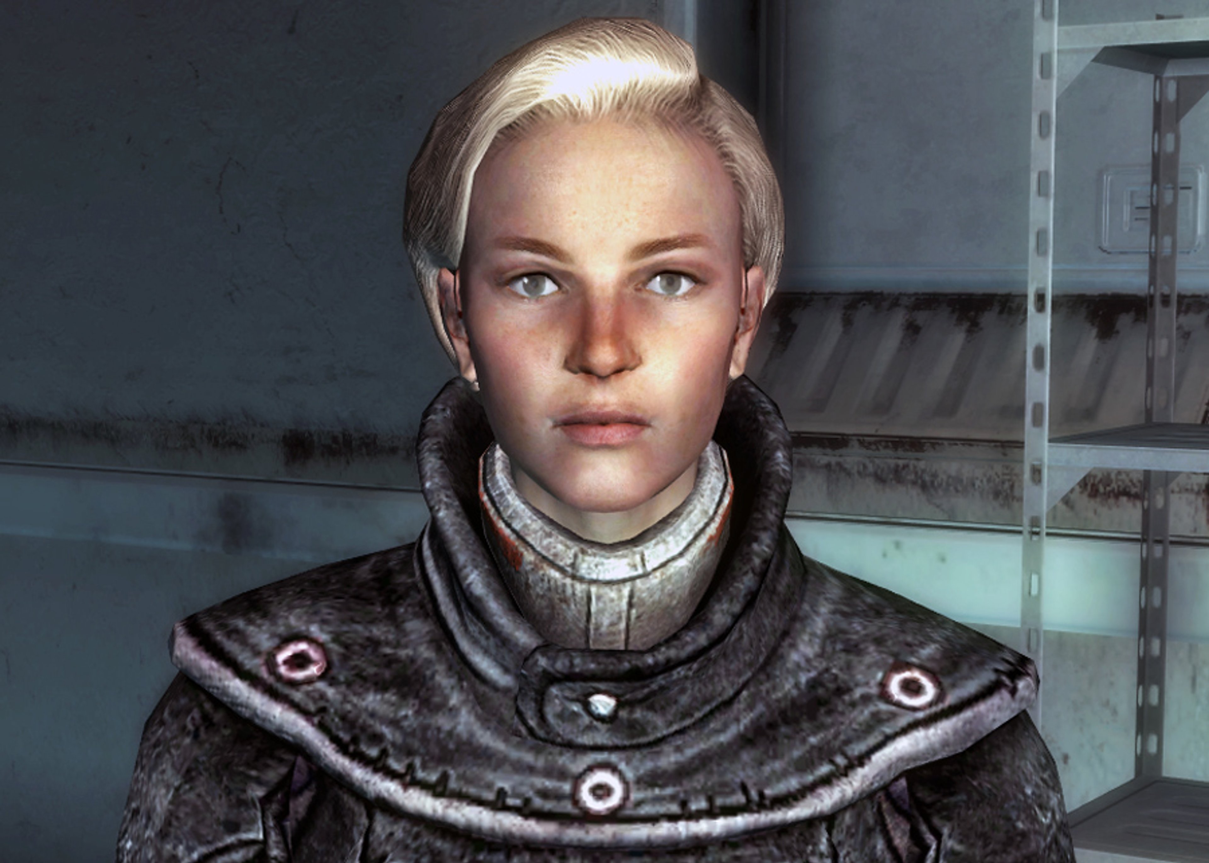 Female Brotherhood Outcasts technician in post-apocalyptic setting