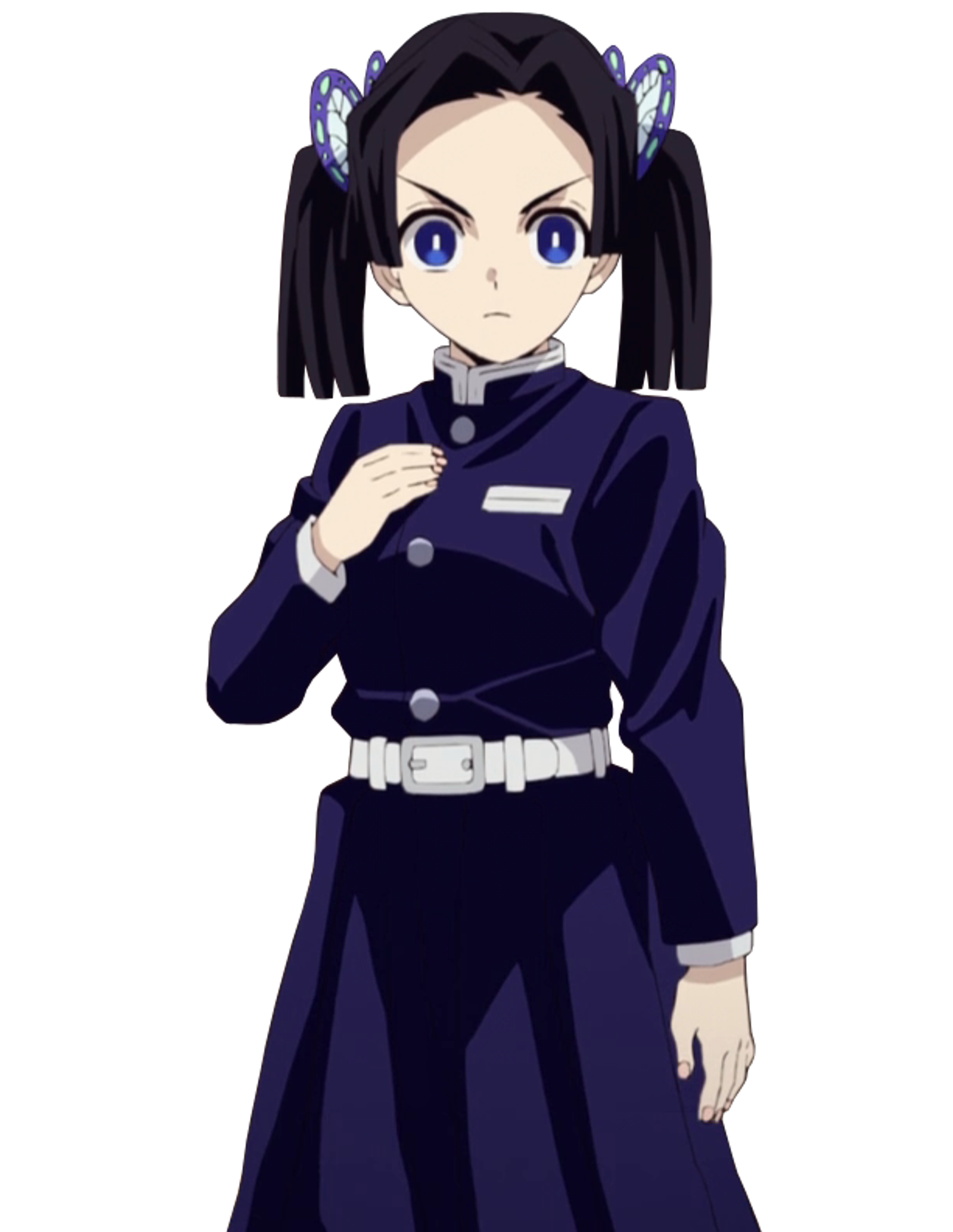 A young woman in a Demon Slayer uniform with twin-tails and blue eyes