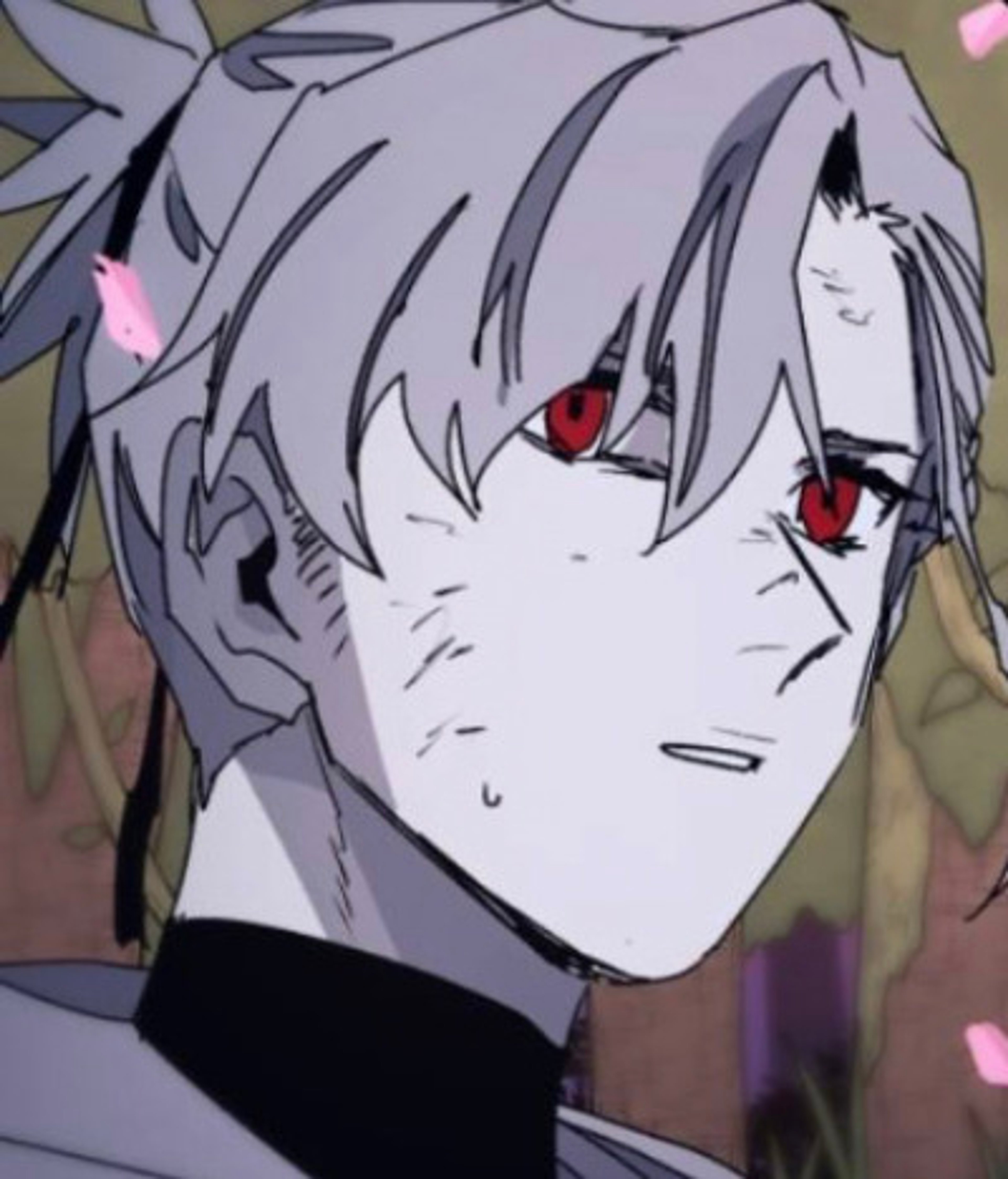 An anime-style male character with gray hair and red eyes, wearing a black outfit with armor-like elements.