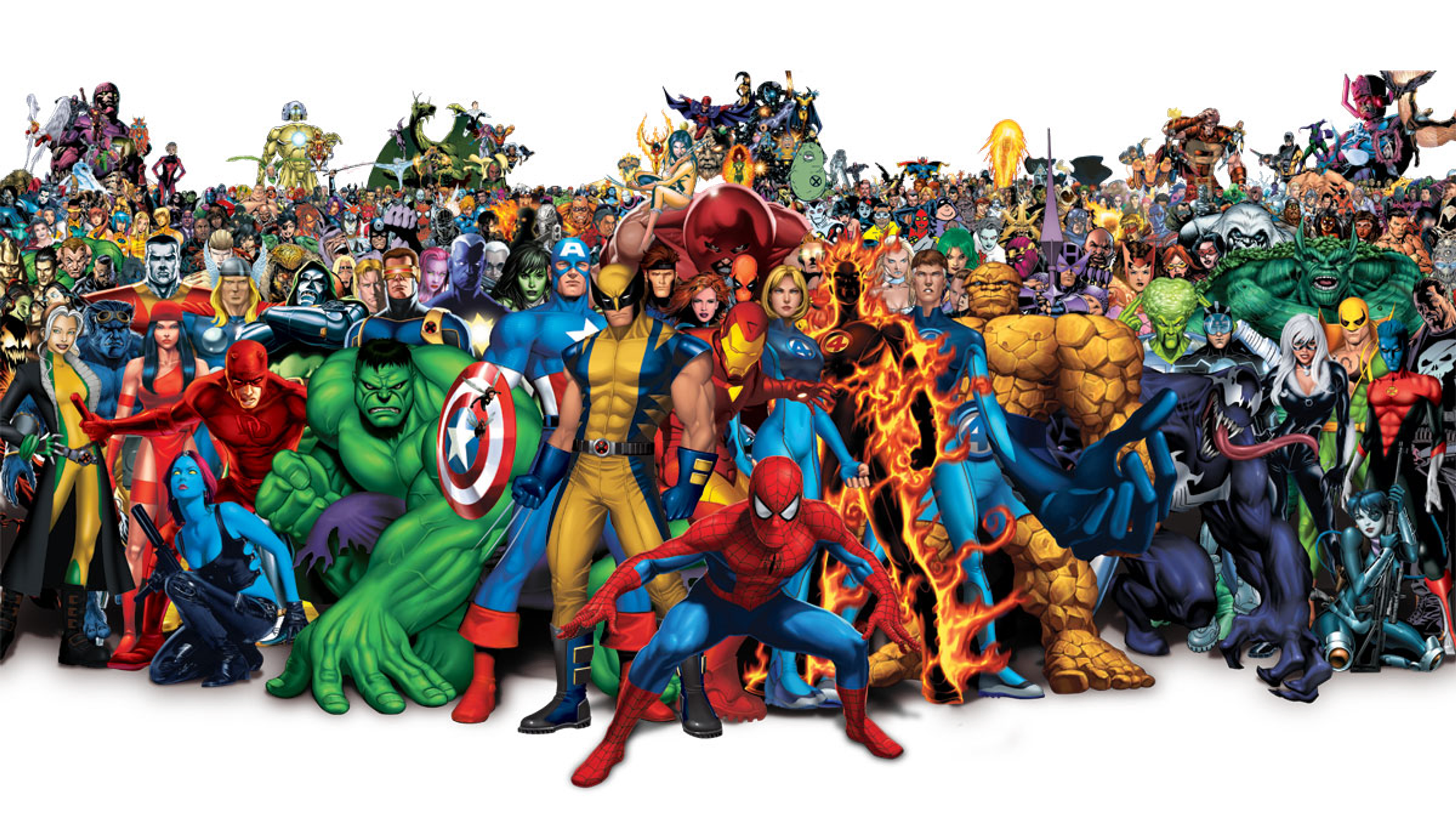 A detailed illustration of a large group of Marvel superheroes and characters.