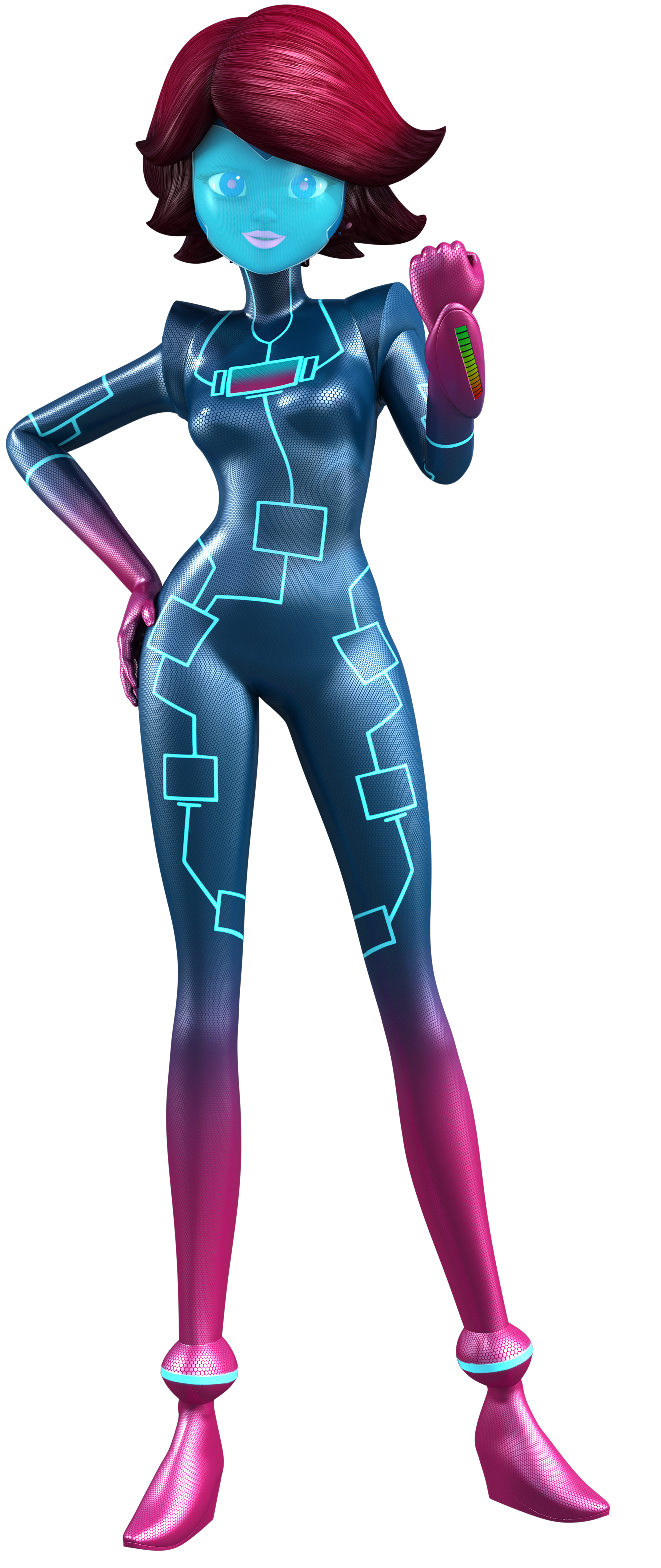 A female character with pink hair wearing a blue technological jumpsuit and helmet