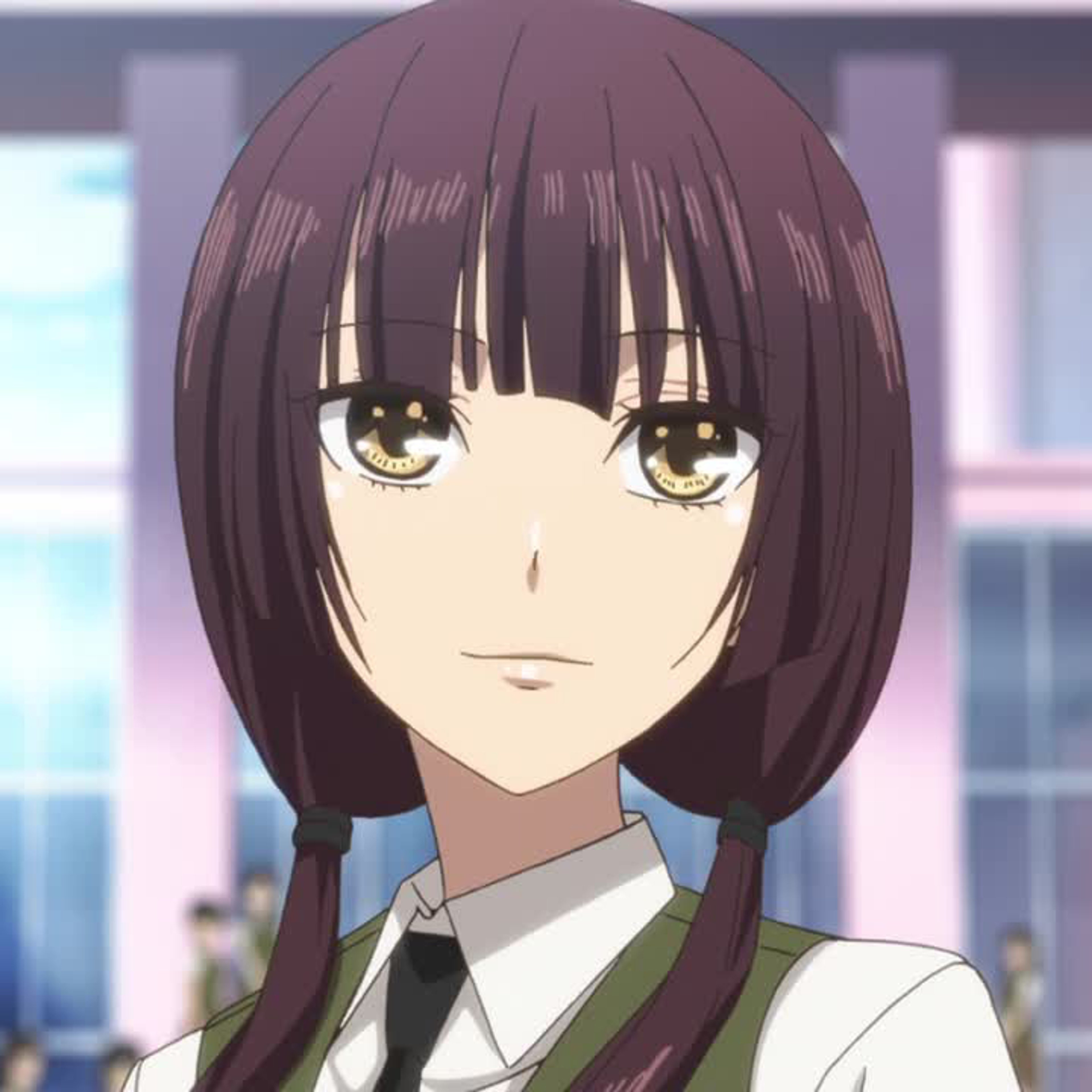 An anime-style character with short, dark hair wearing a school uniform