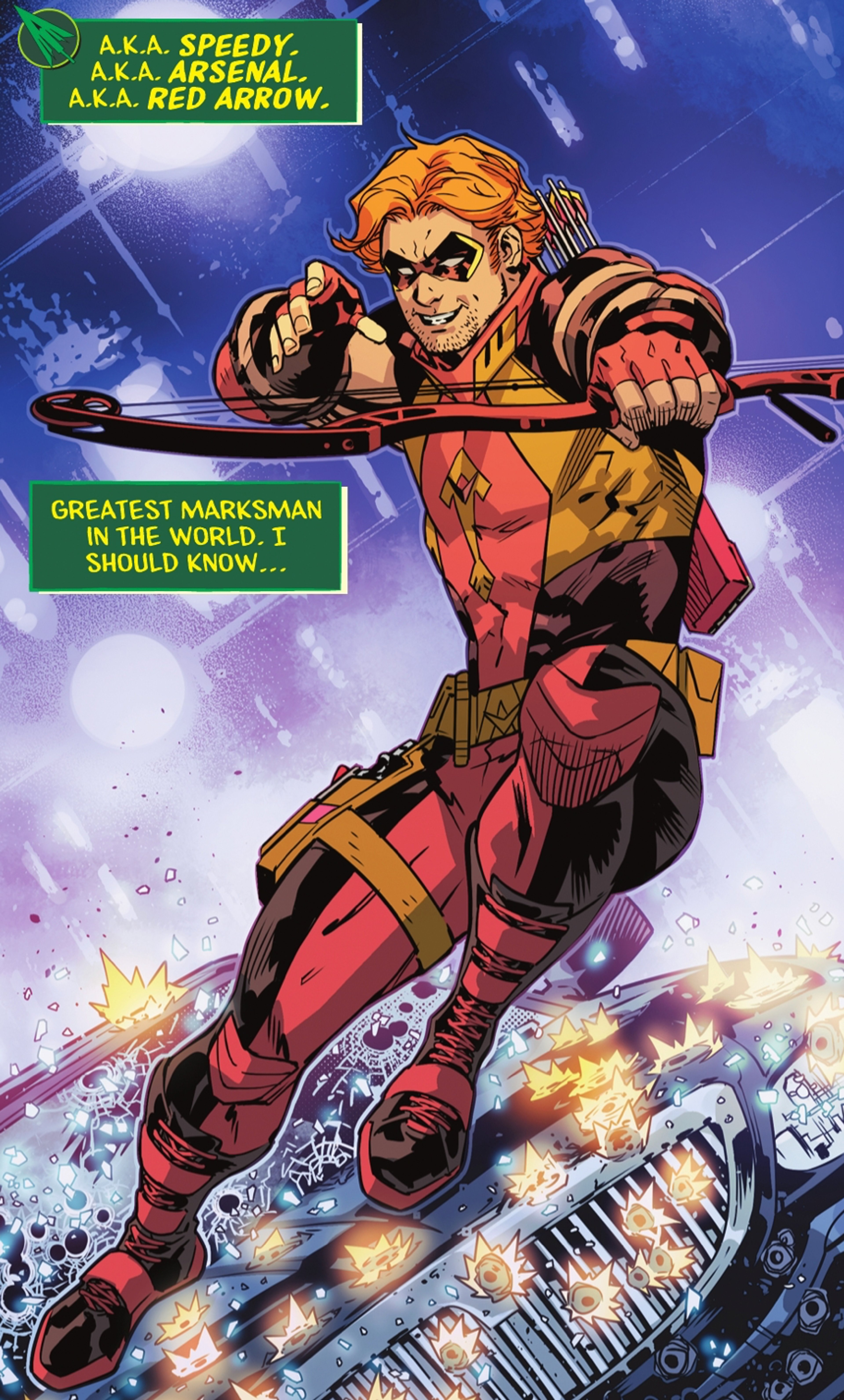 A male superhero character with red hair and an athletic build, wearing a red and yellow costume and carrying a quiver of arrows.