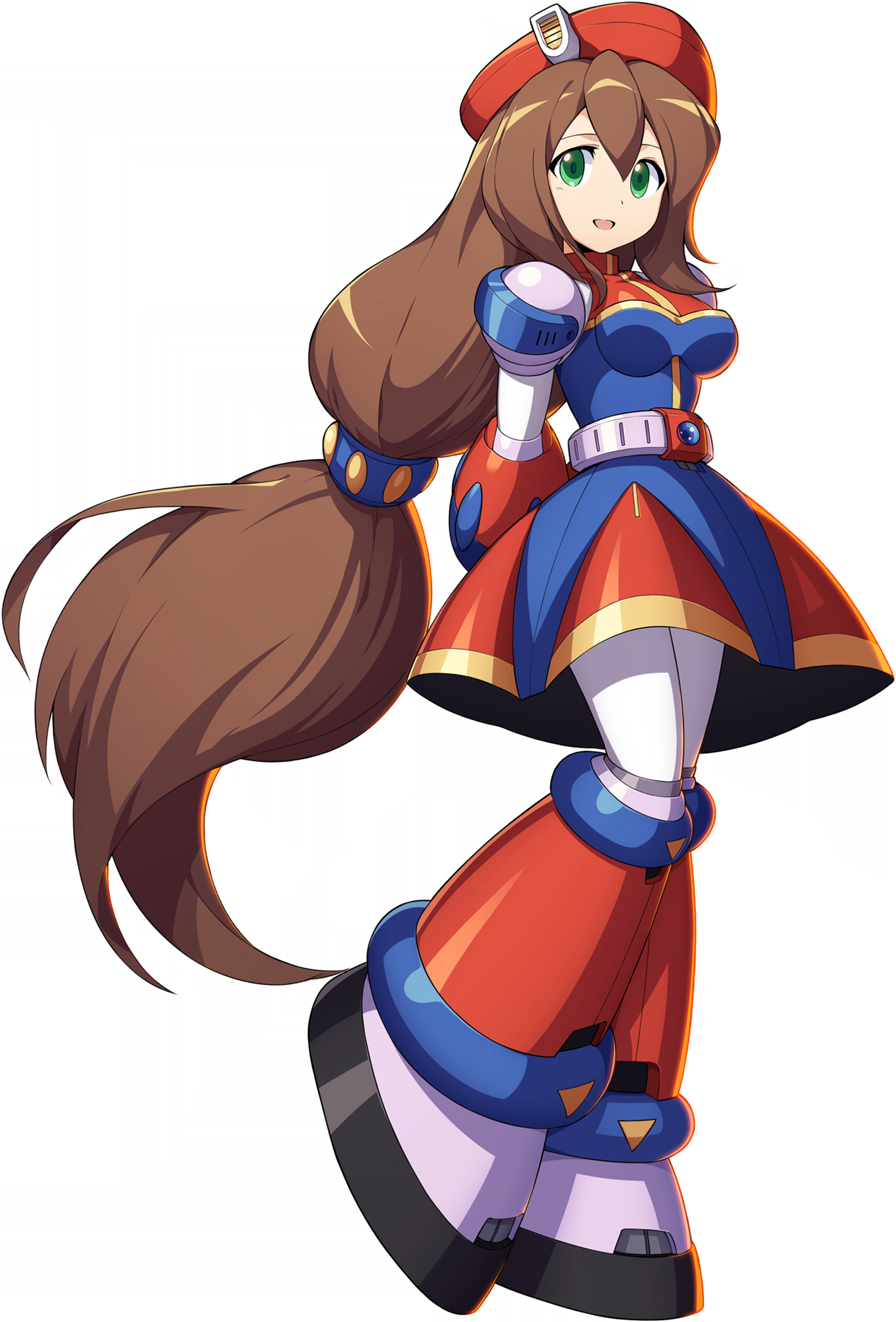 An anime-style female character with long brown hair and blue eyes, wearing a red and blue outfit and red hat.