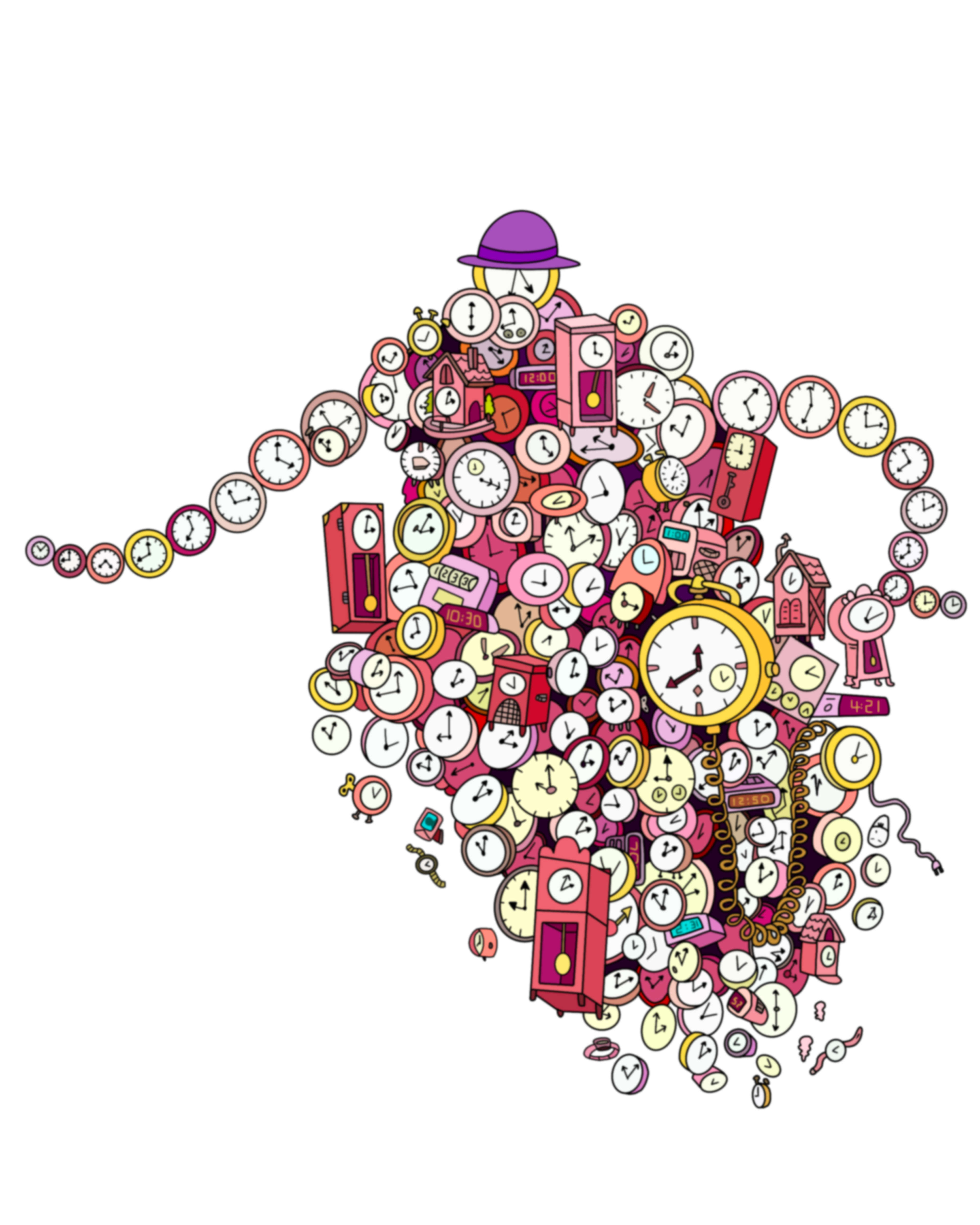 An abstract, anthropomorphic figure composed of clock and timepiece elements, wearing a purple hat and surrounded by a swirling array of additional clock parts.