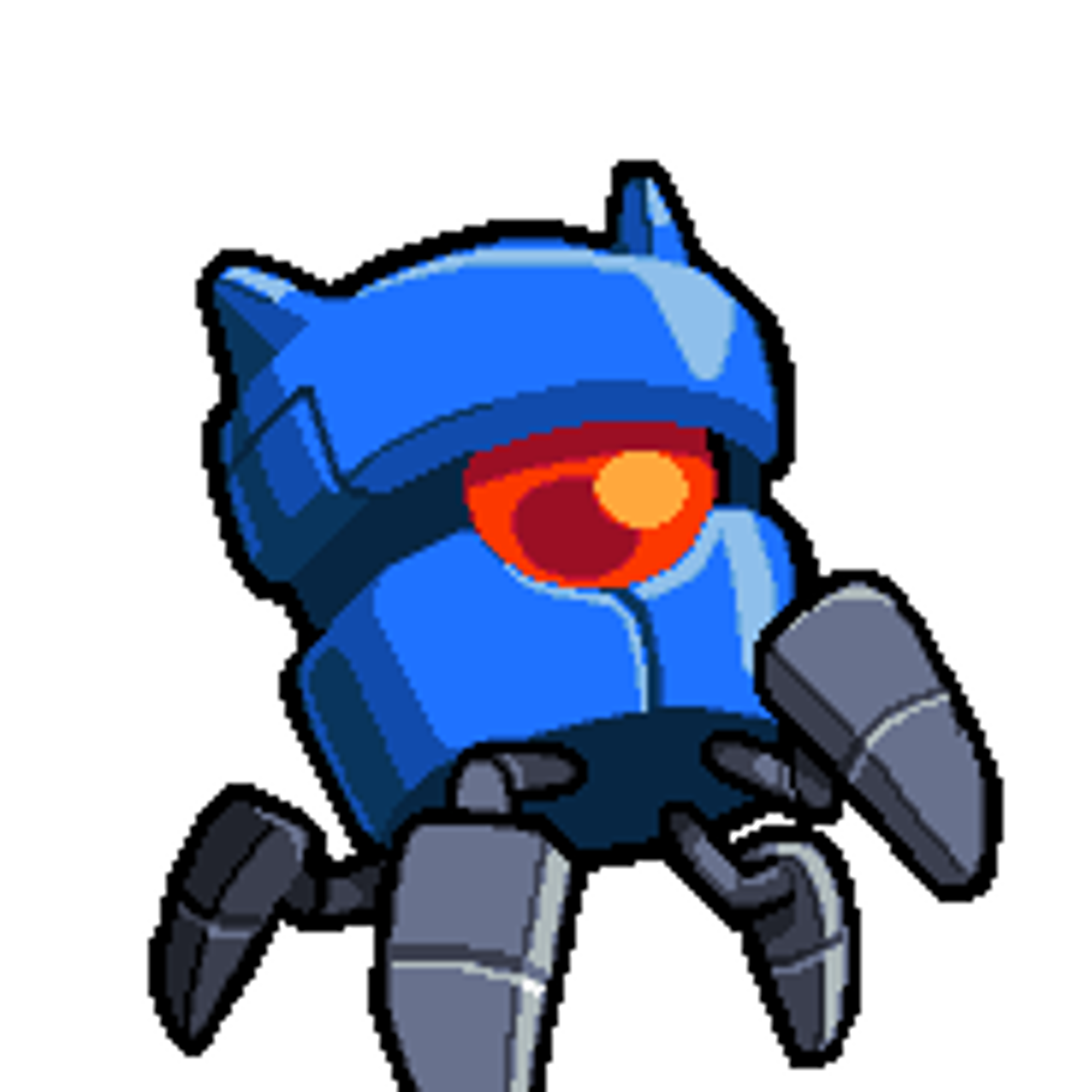 A blue, robotic character with a large, round head and glowing red eyes.