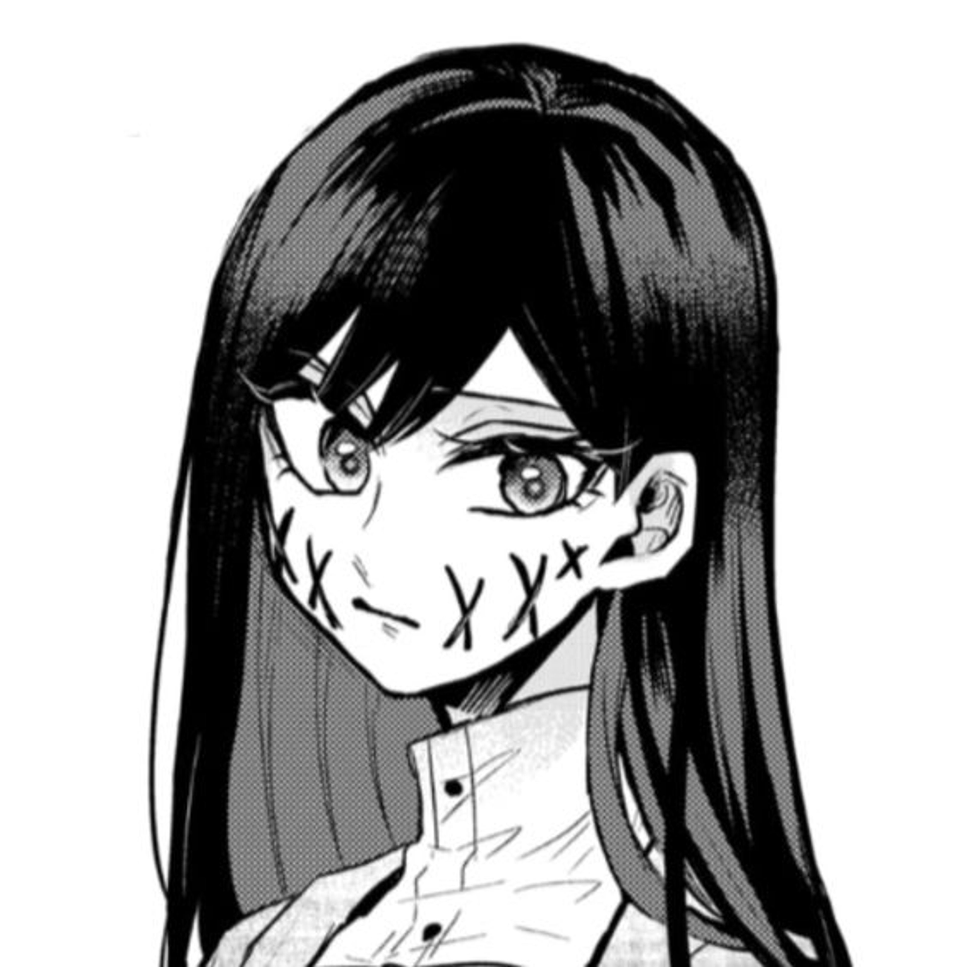 A woman with long dark hair, green eyes, and a red cross-stitching pattern on her cheeks, wearing traditional Japanese clothing.