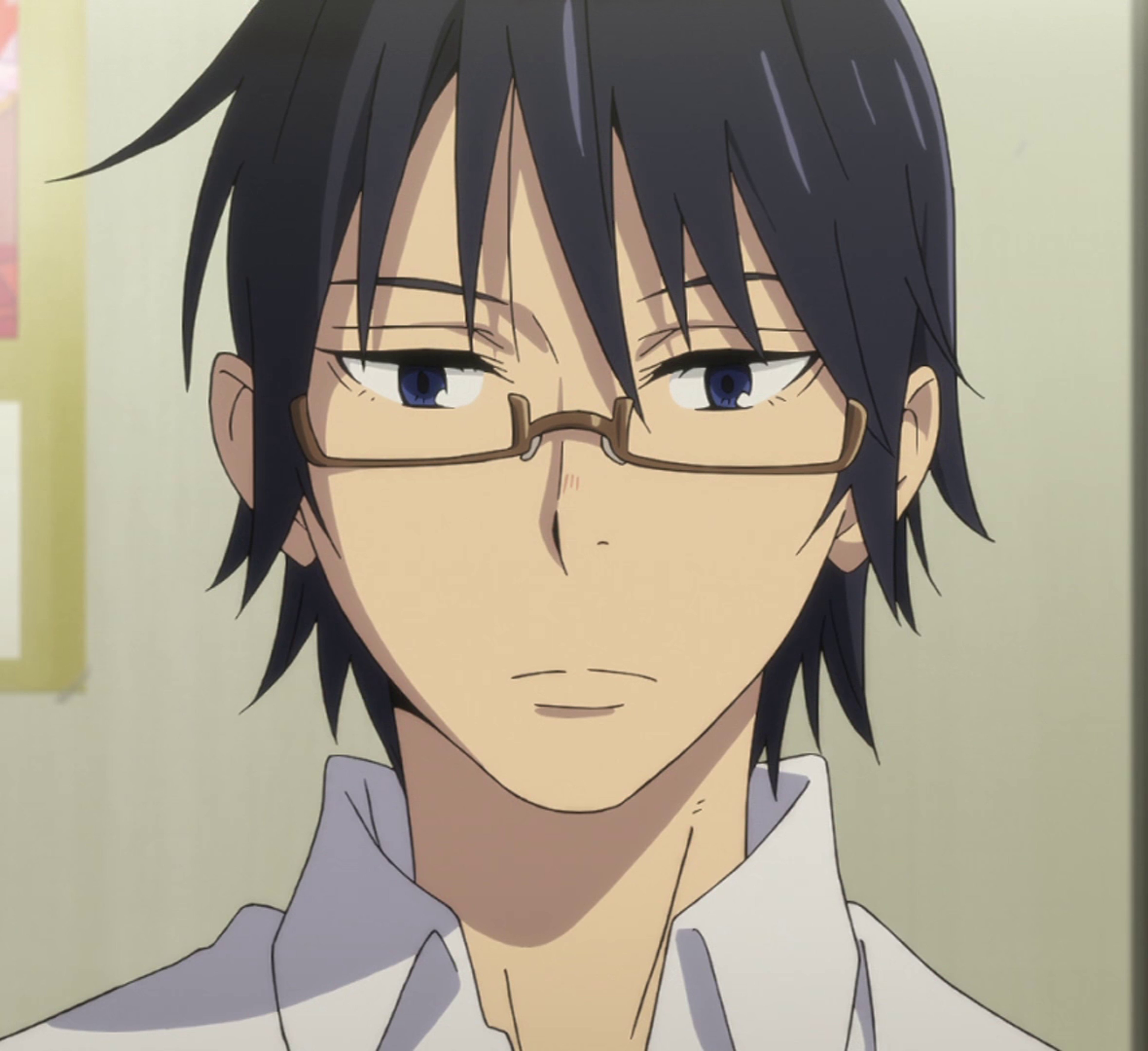 An anime-style character with messy navy blue hair, glasses, and a serious expression