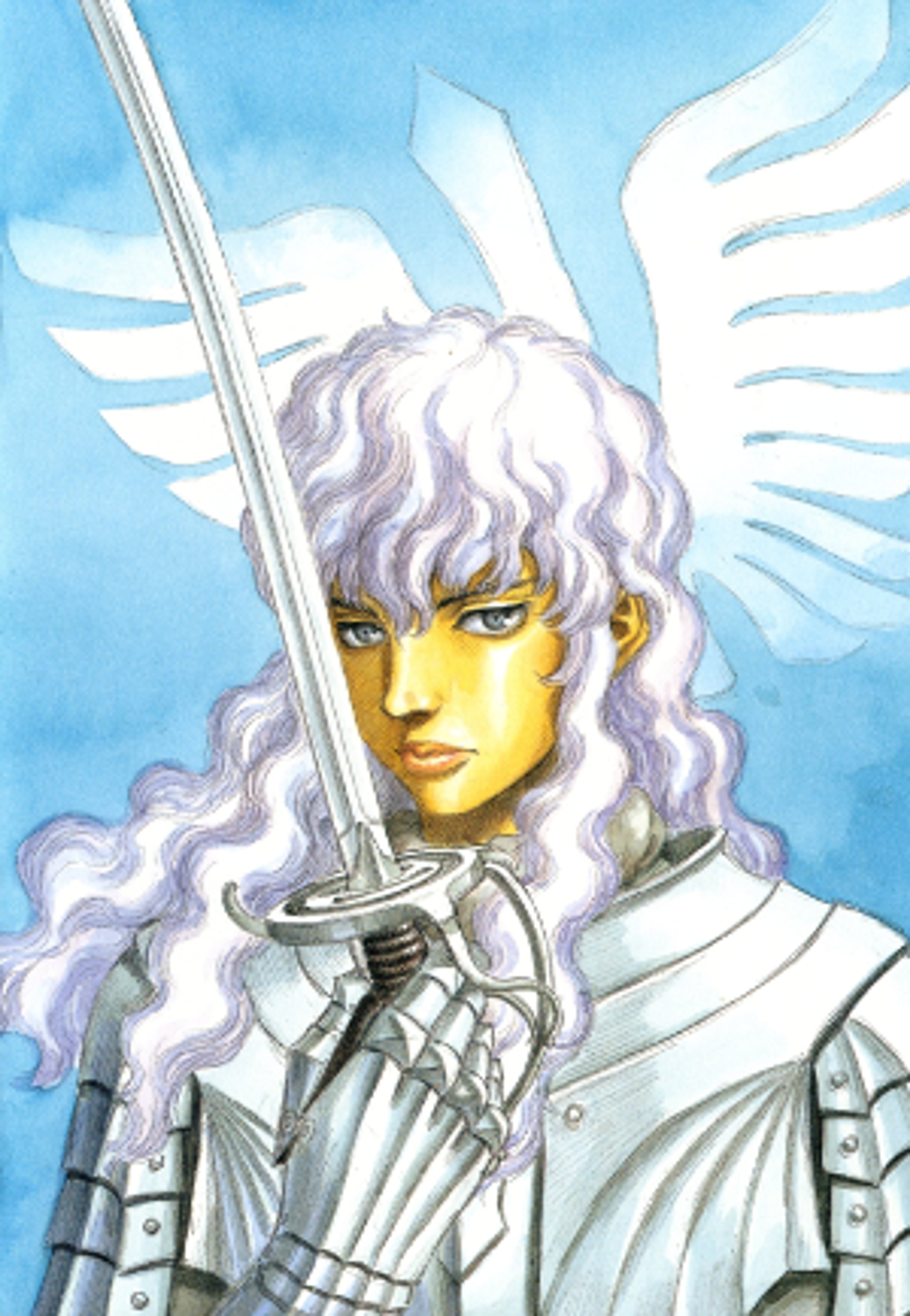 A character with long white hair and silver armor holding a sword