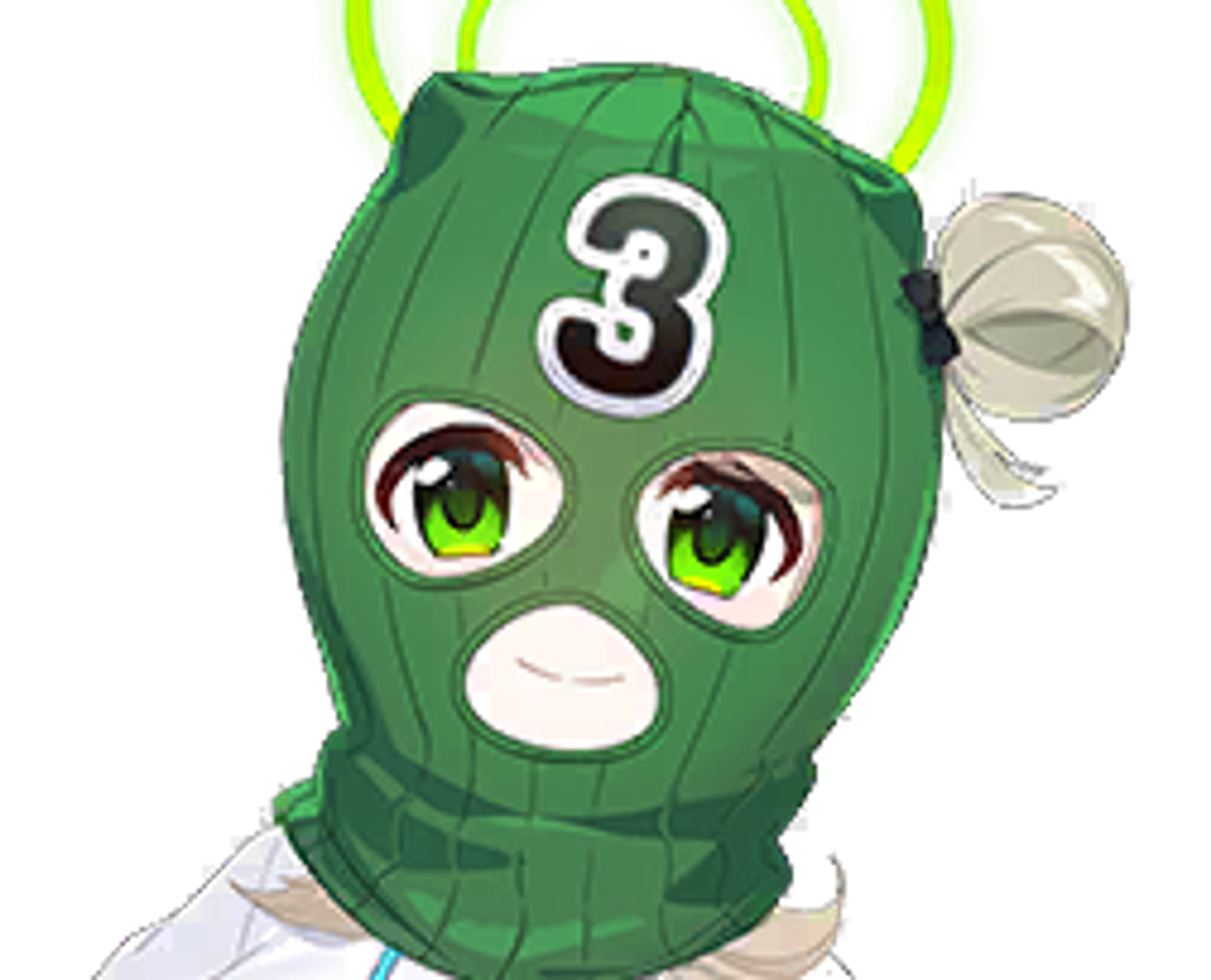 An anime-style character with a green mask, long black hair in twin tails, and a green outfit with the number '3'.