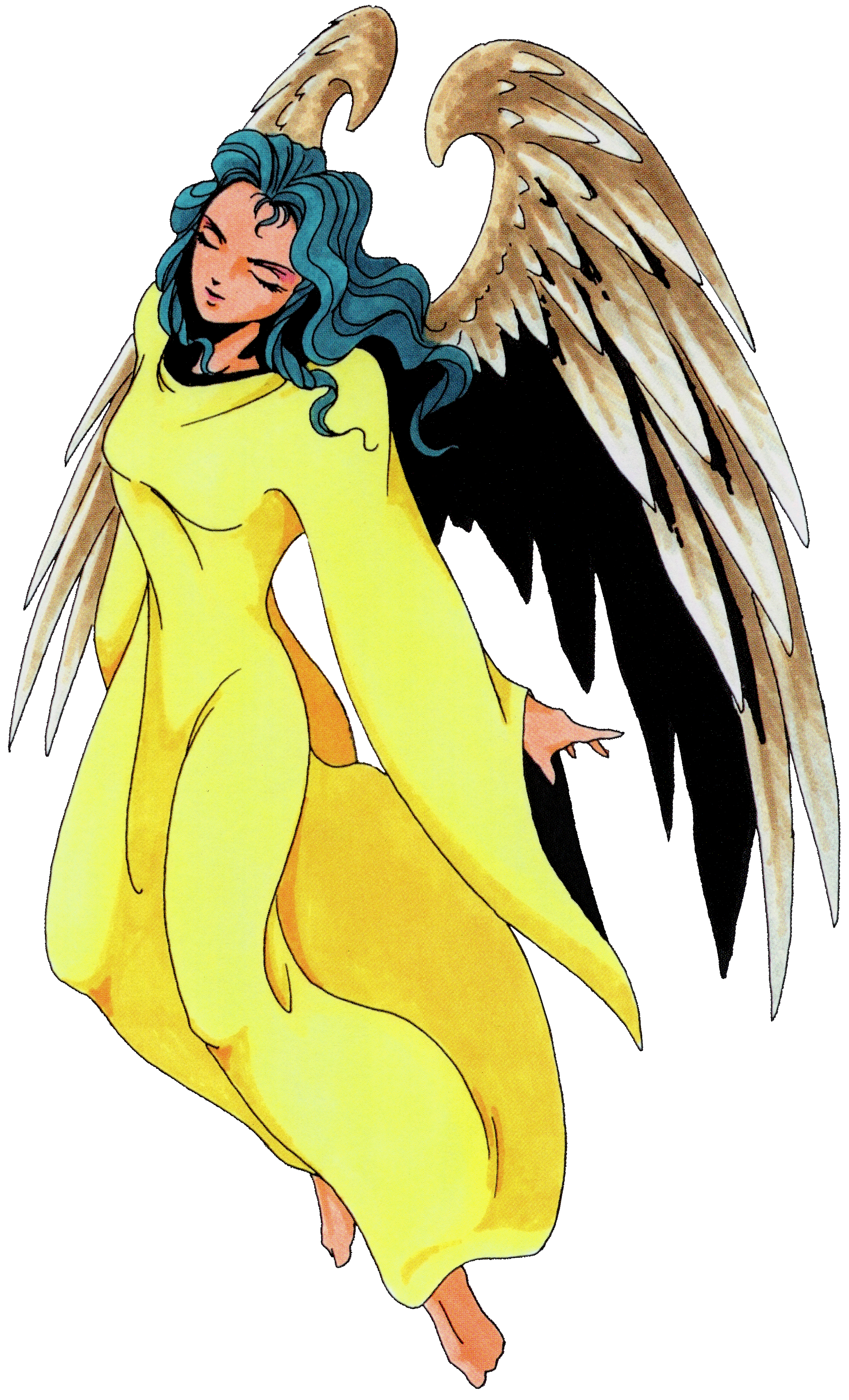 A winged humanoid figure with blue-green hair and a yellow dress, appearing to be an angelic or divine being.