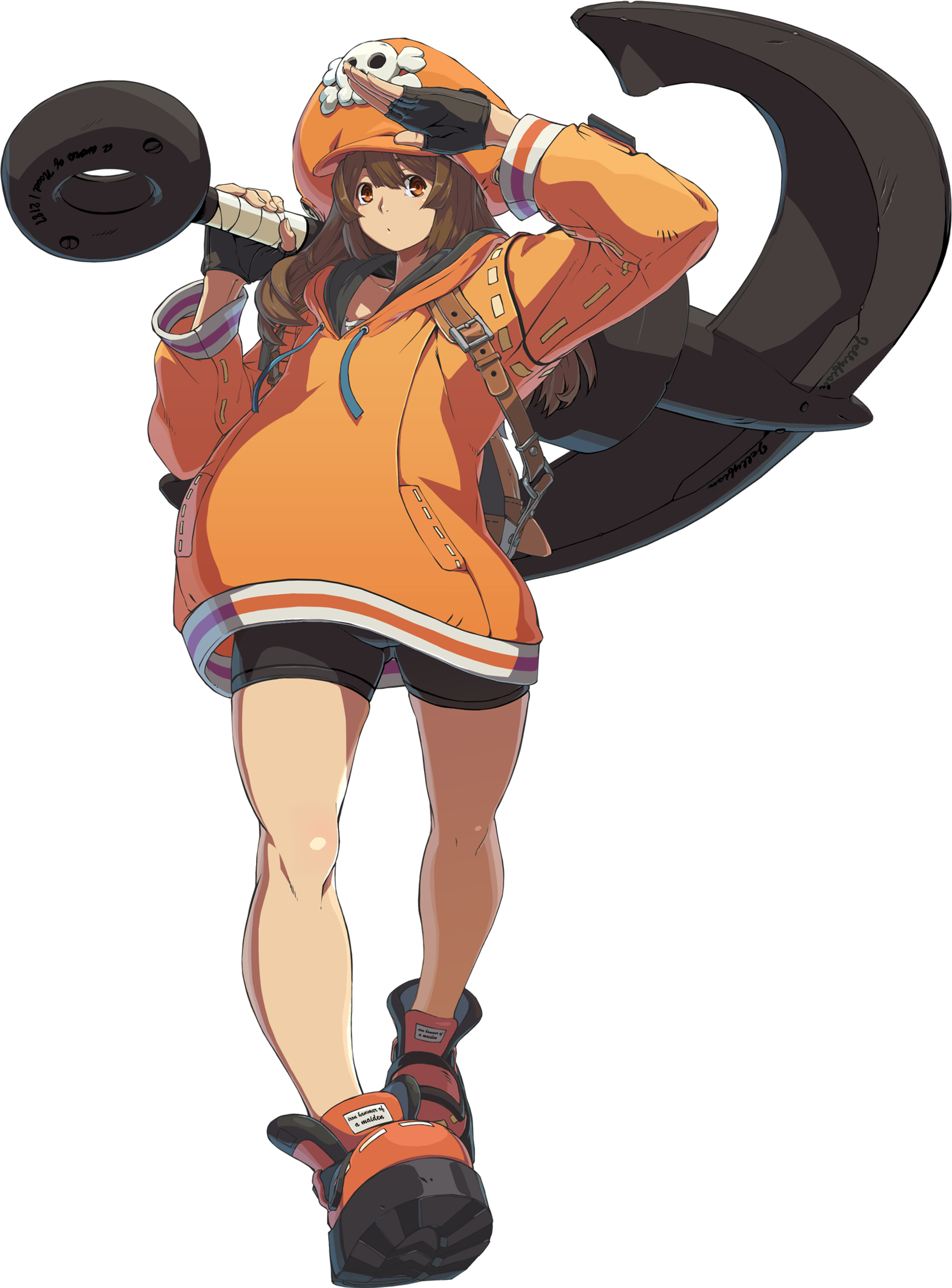 A young female pirate character with short brown hair holding a large anchor-like weapon