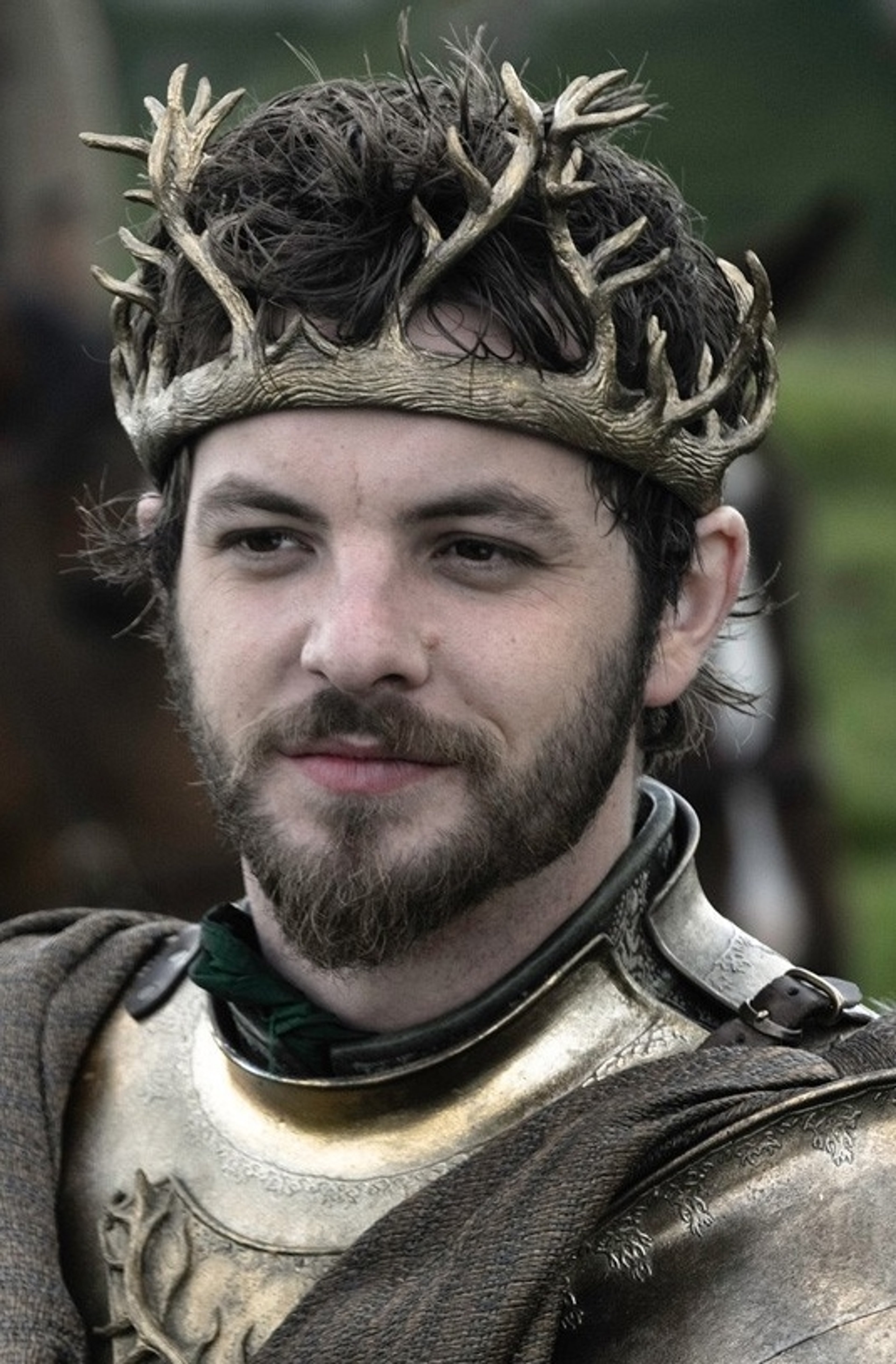 A man with a beard and antler crown wearing a green and gold outfit