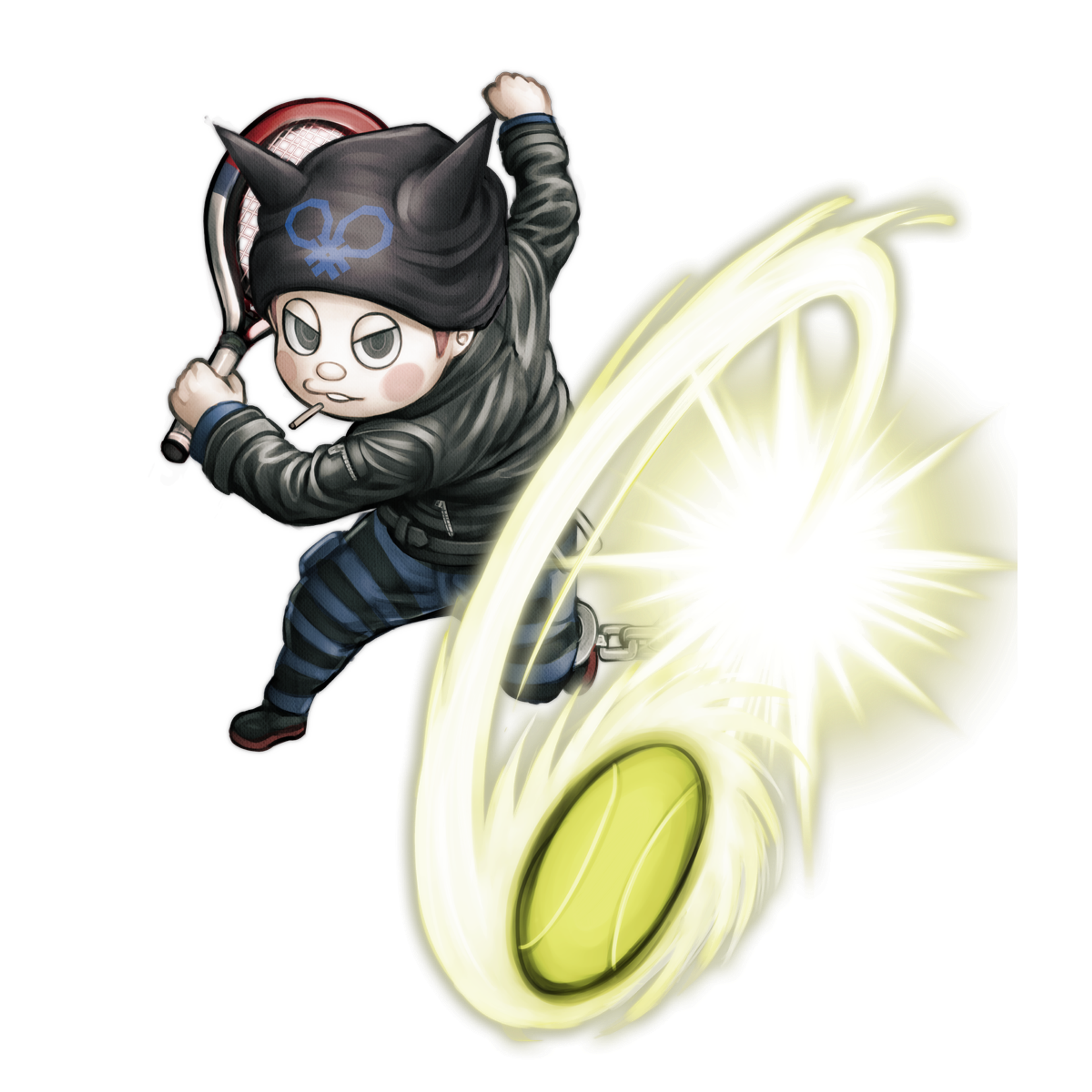 A small, dark-clad character with a red hat wielding a glowing energy weapon