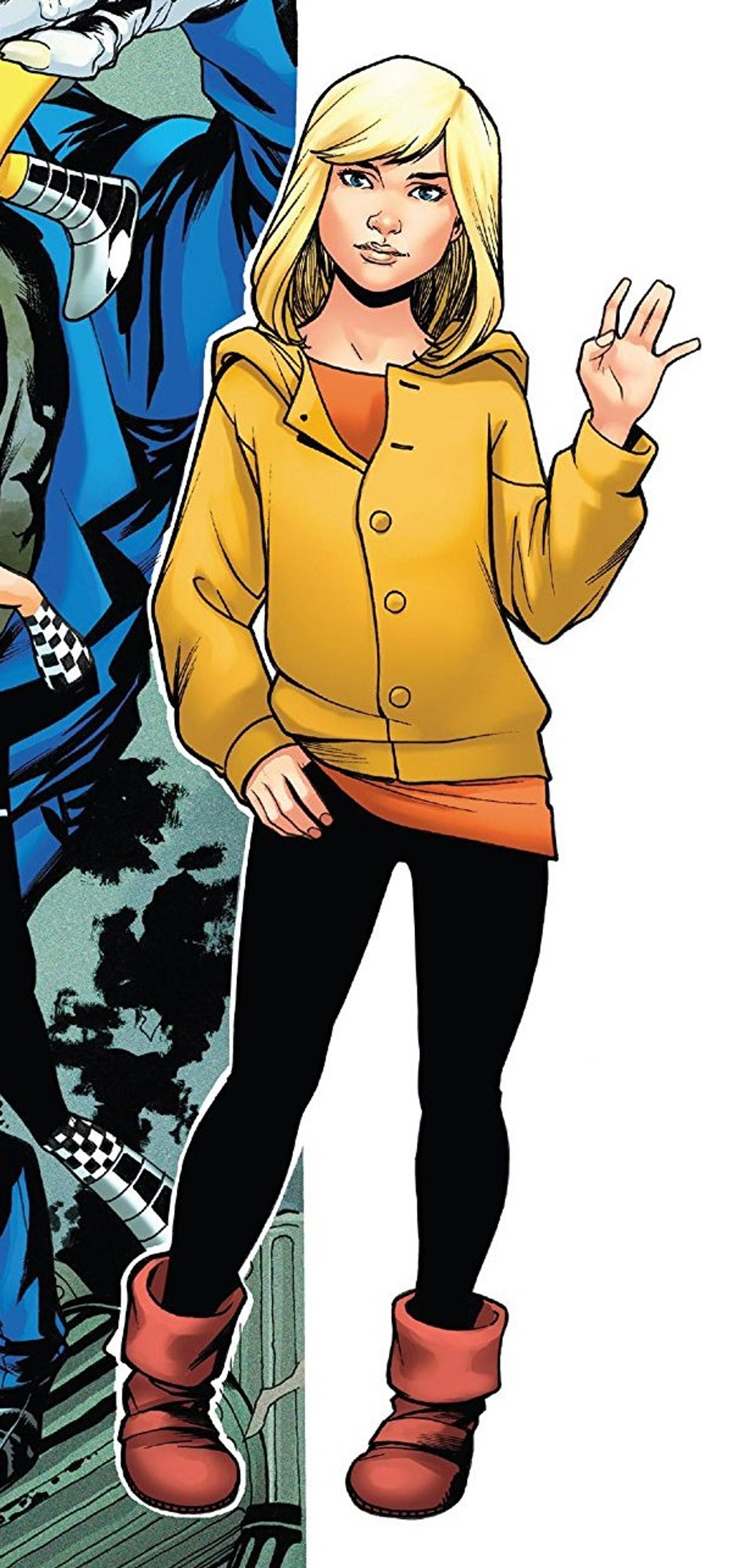 A young woman with strawberry blonde hair and blue eyes wearing a yellow coat, making a 'V for victory' gesture.
