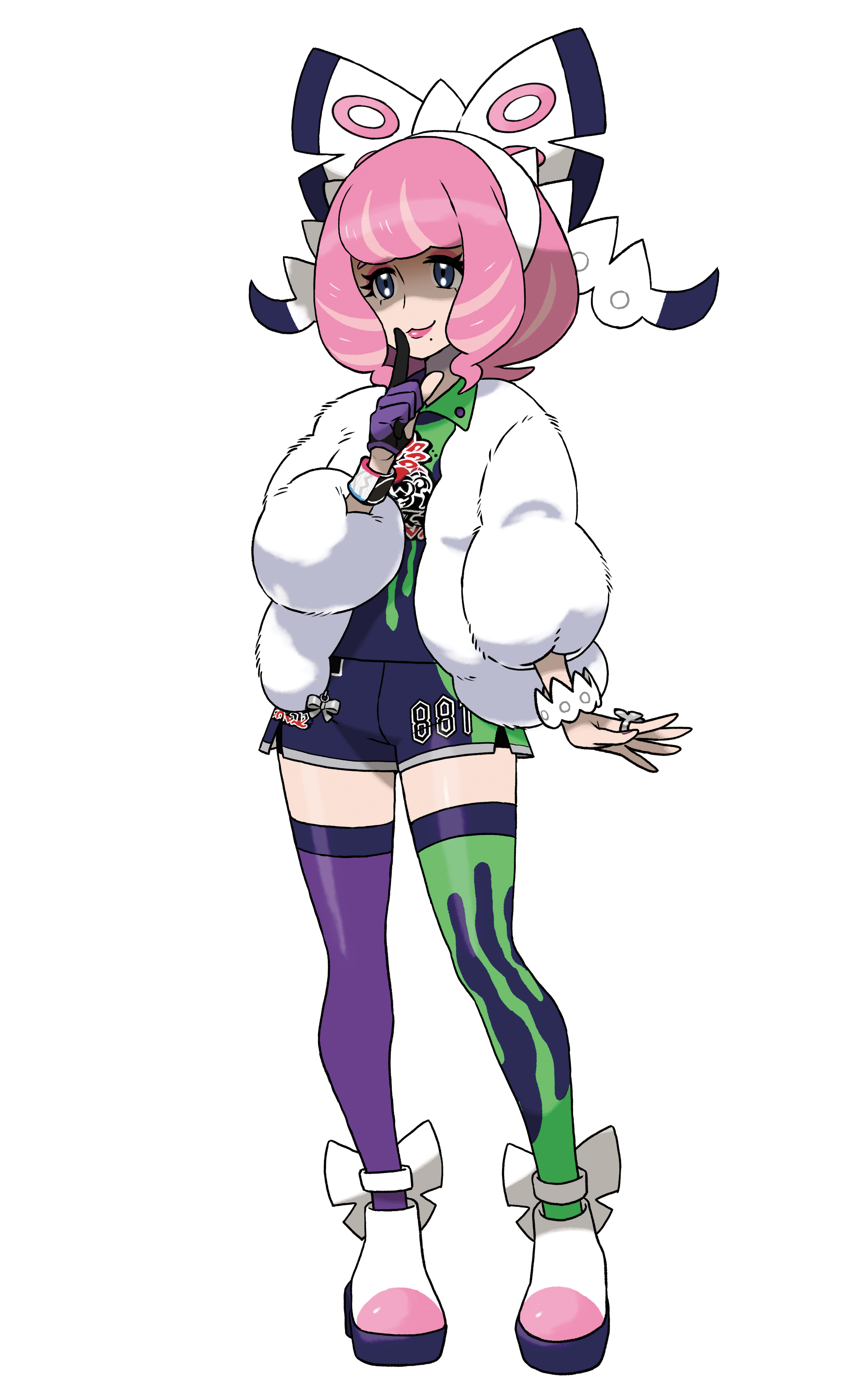 A young woman with pink hair wearing a white fur coat, blue and white bow, and colorful shirt and shorts.
