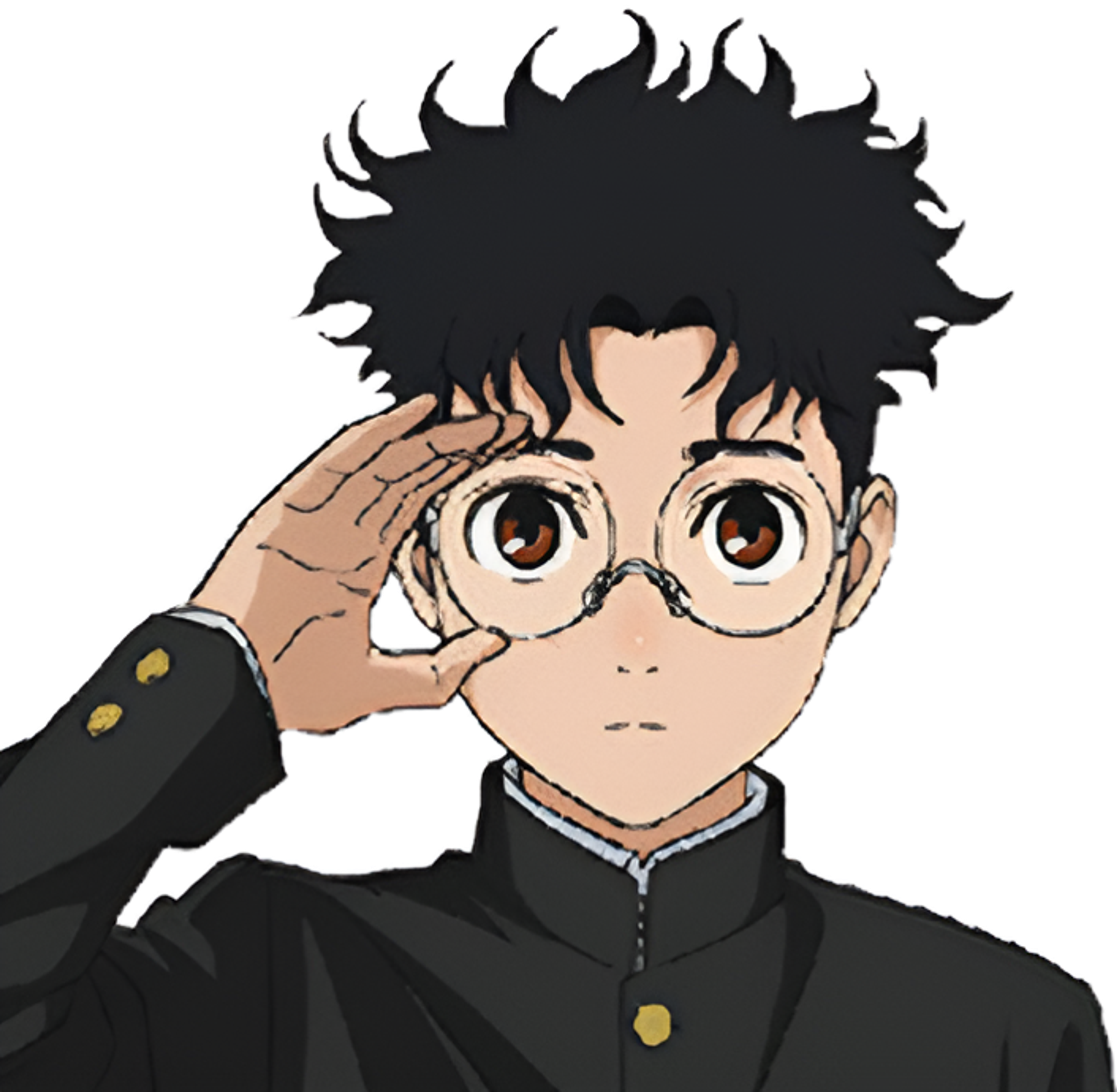 An anime-style character with dark hair wearing a black uniform