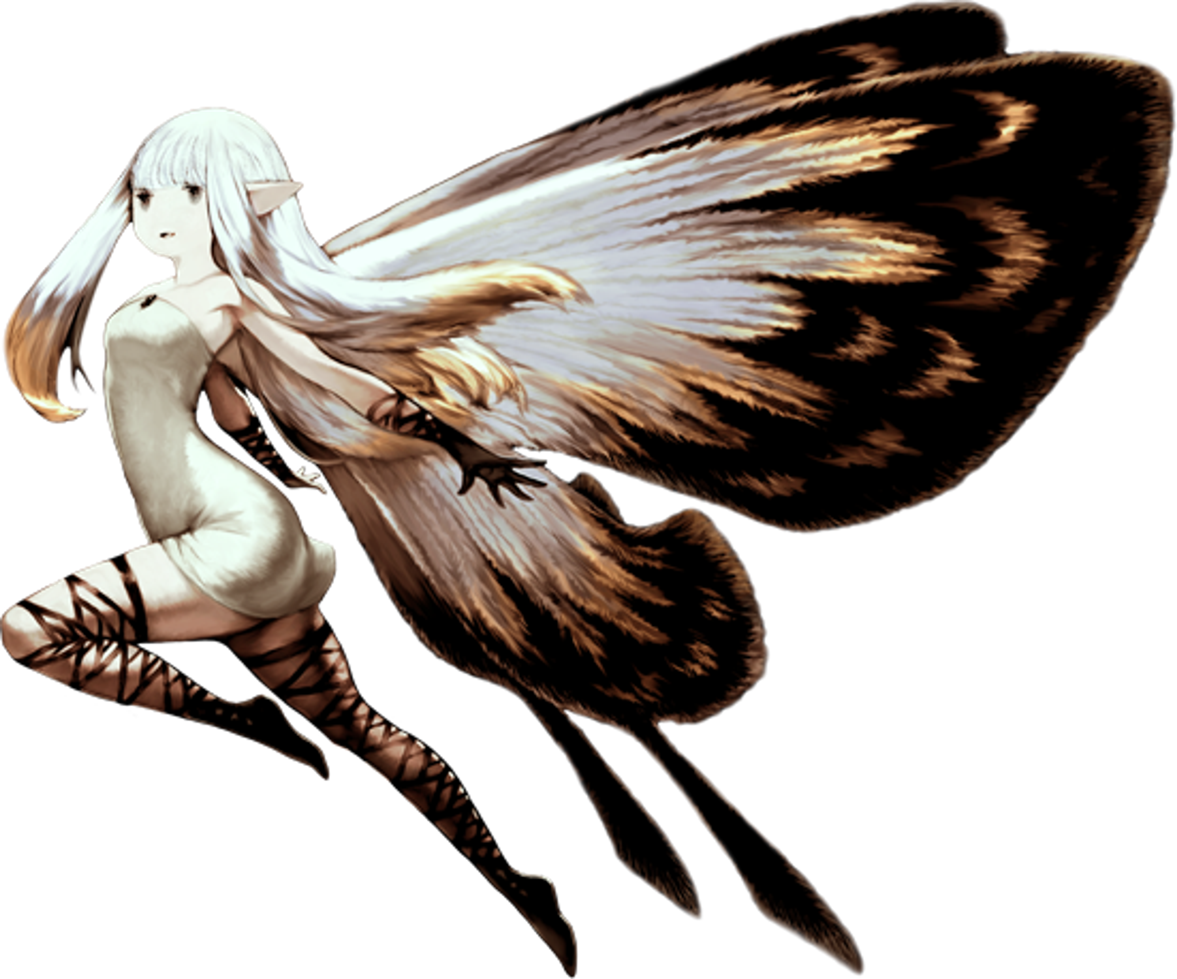 A pale-skinned female character with long silver-white hair, gray eyes, and large butterfly-like wings with a changing numerical pattern.