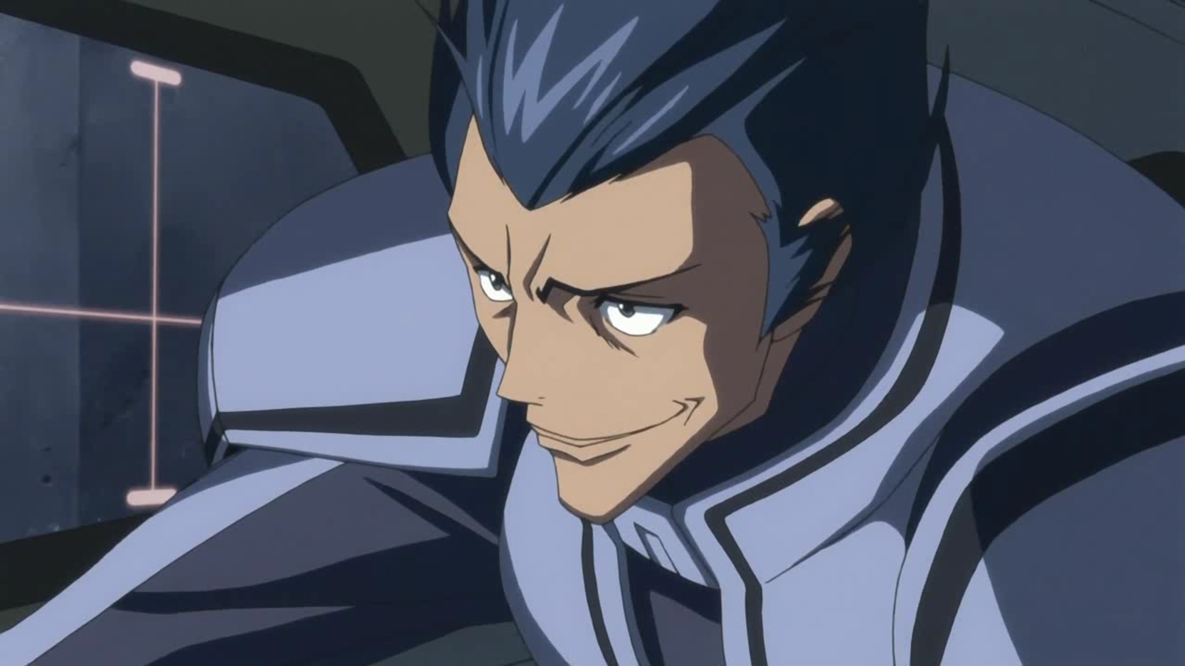 A serious-looking military character with blue hair and a stern expression