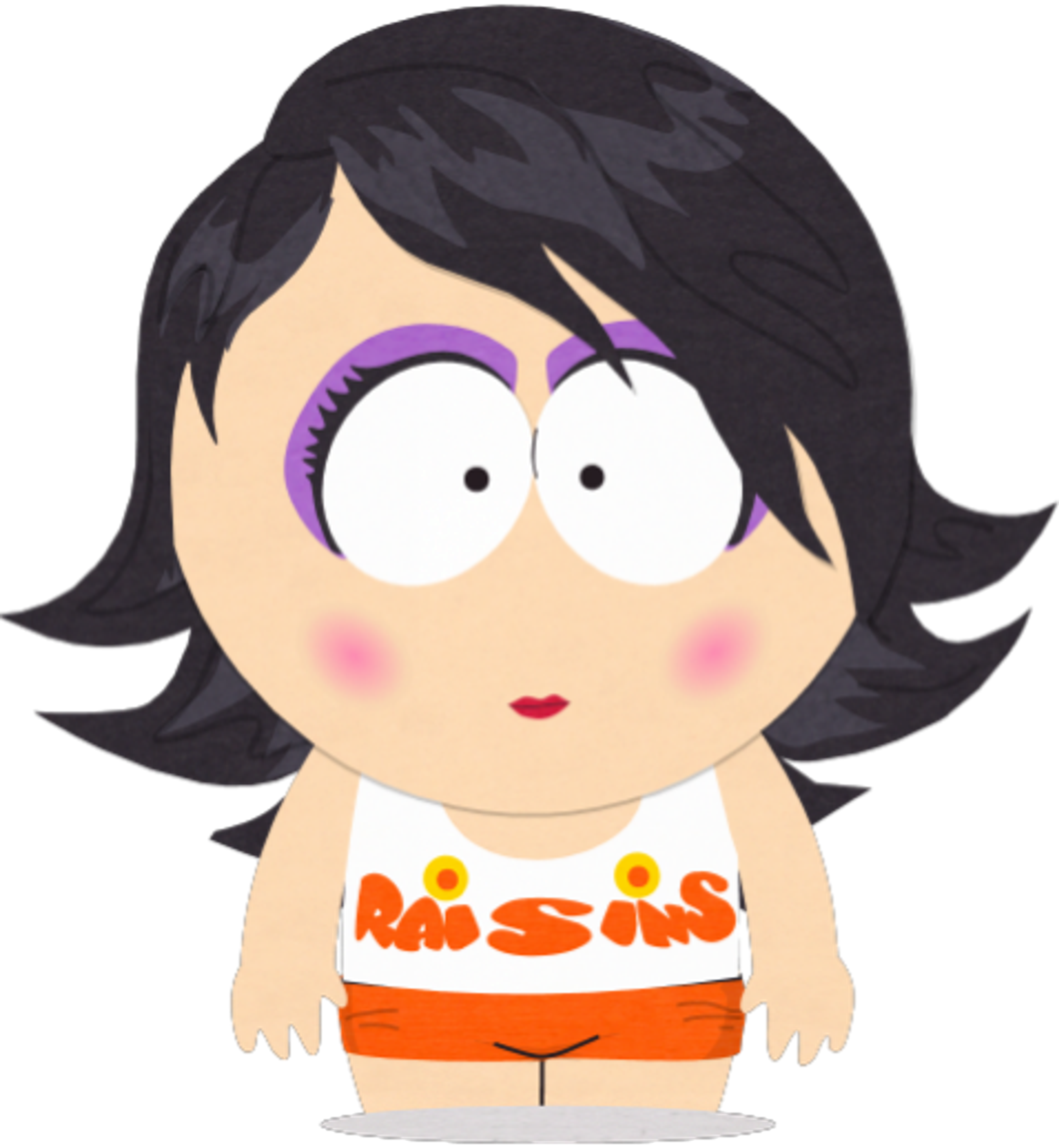 A young woman with dark hair wearing an orange 'Raisins' tank top, smiling at the camera.