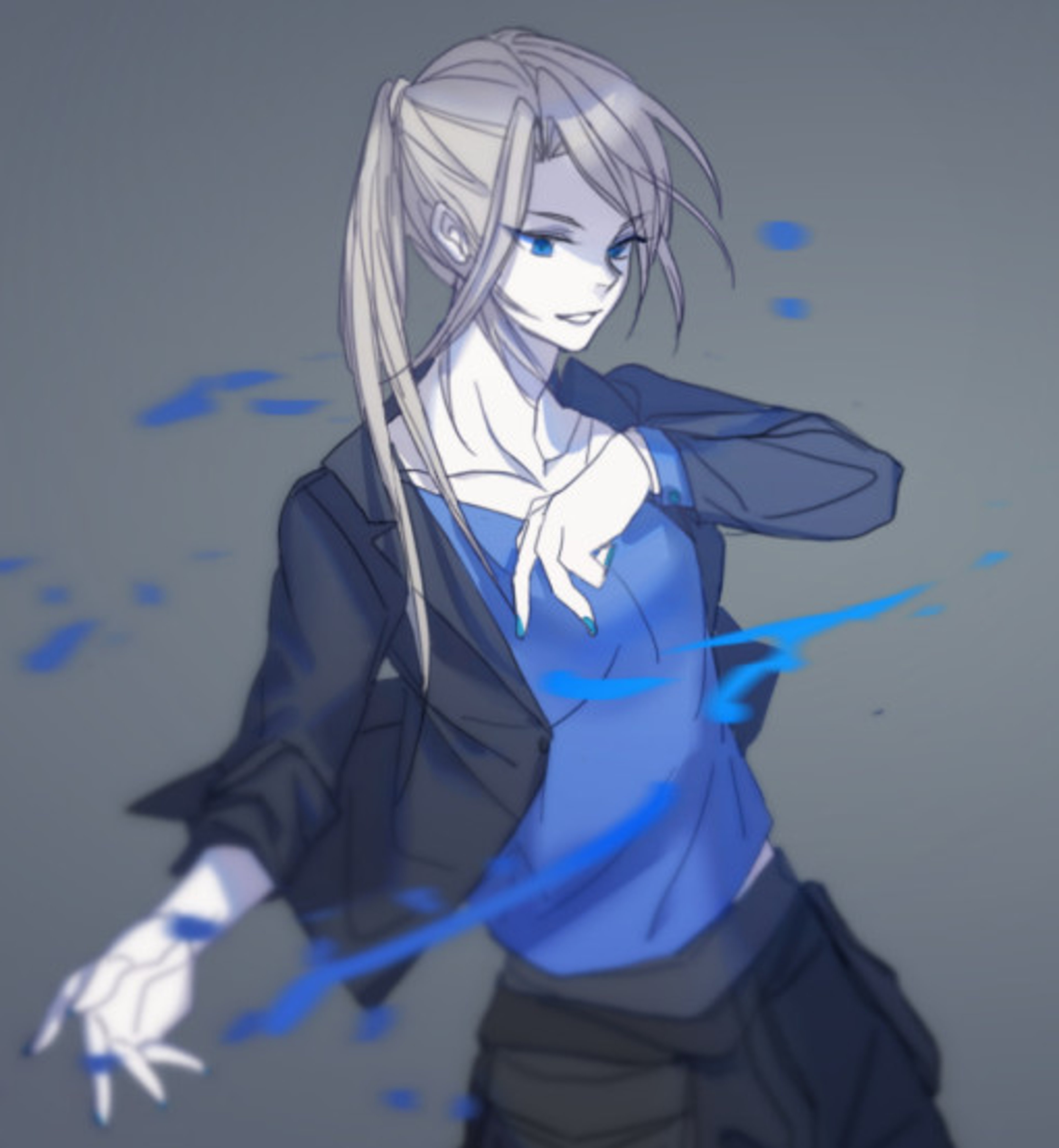 A young woman with silver-gray hair and blue eyes wearing a dark blue jacket or coat, with a serious expression on her face.