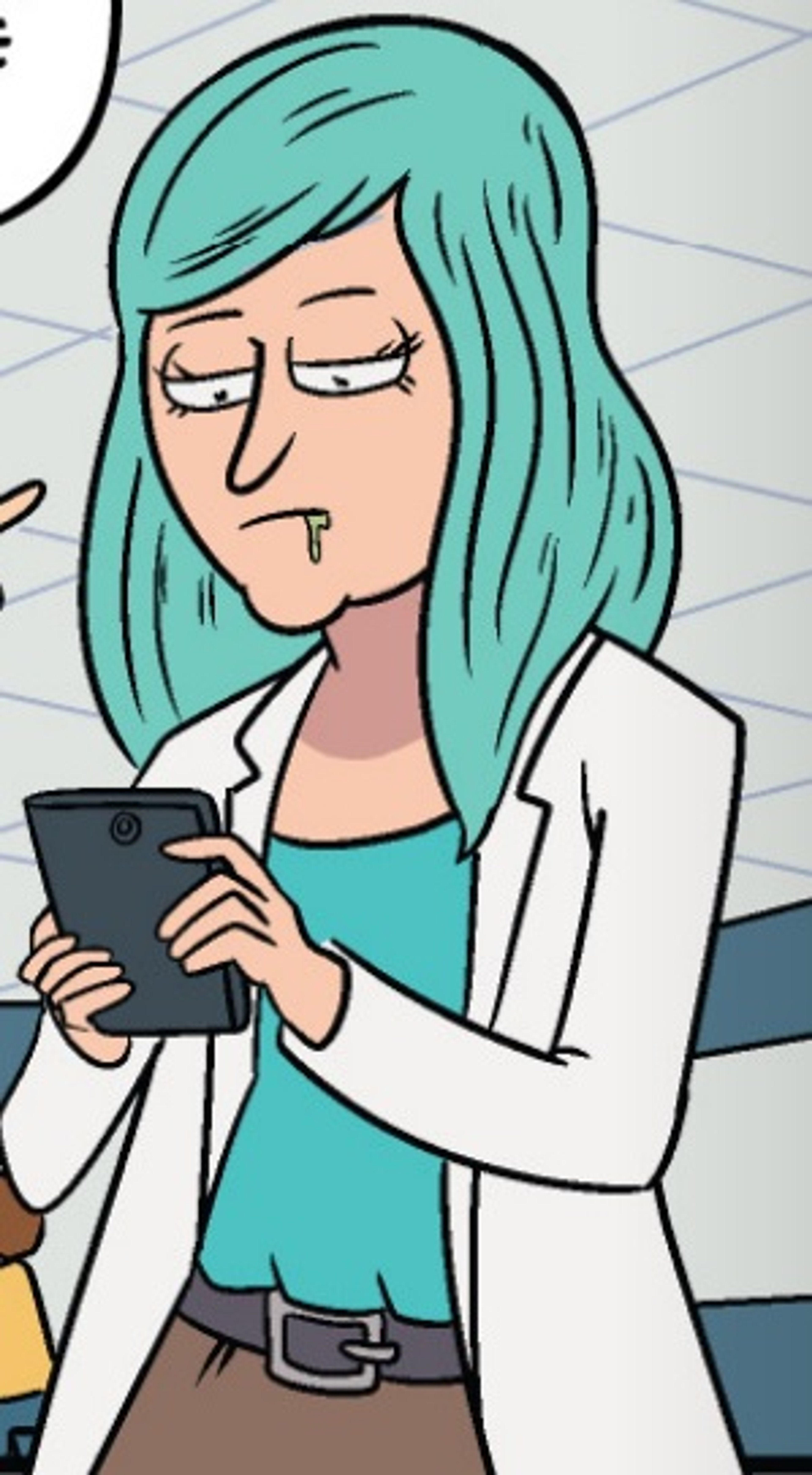 A young woman with blue hair holding a smartphone and looking distracted