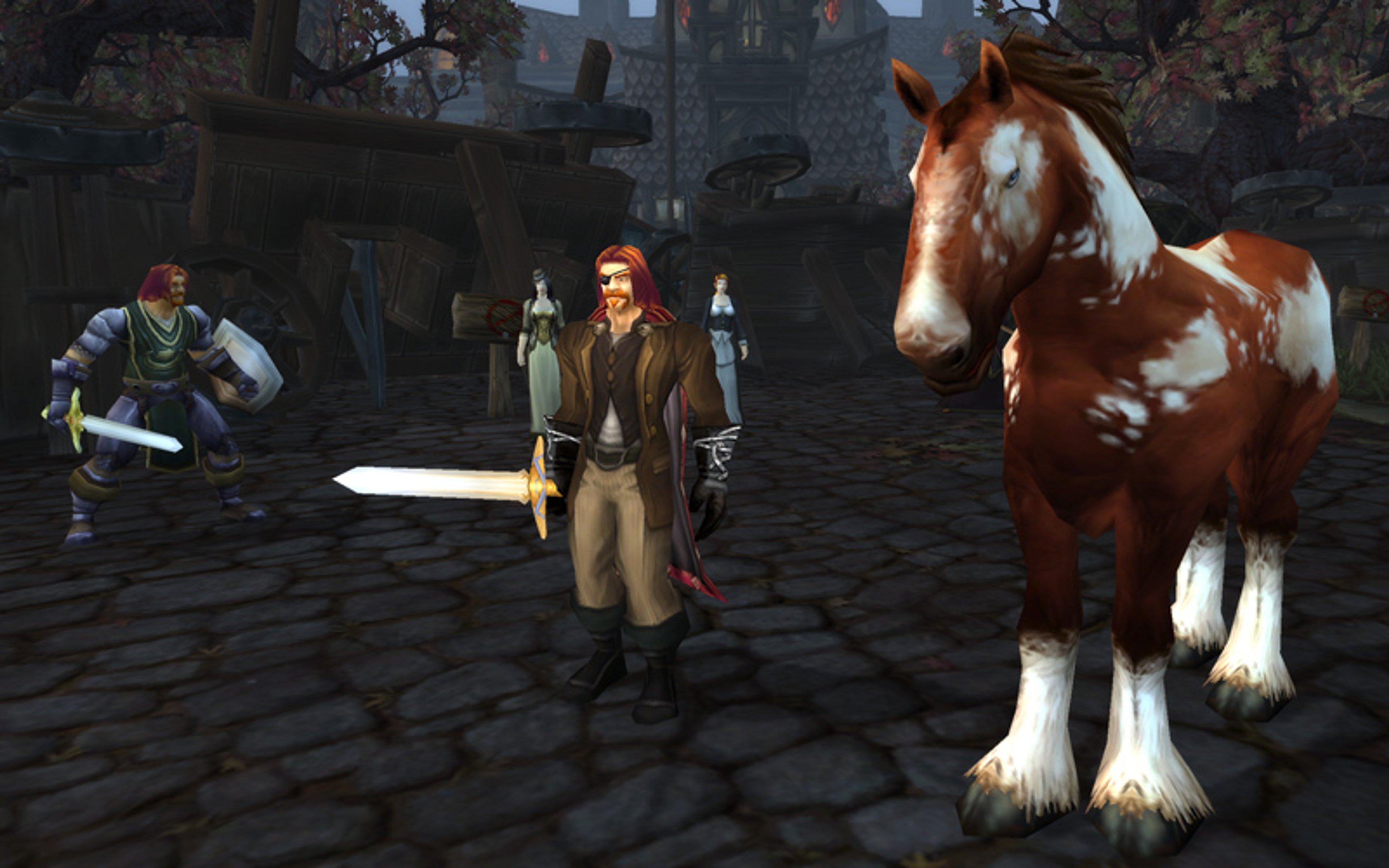 A man with a beard and long hair, wearing a leather jacket, standing next to a large horse in a dark, gritty environment.