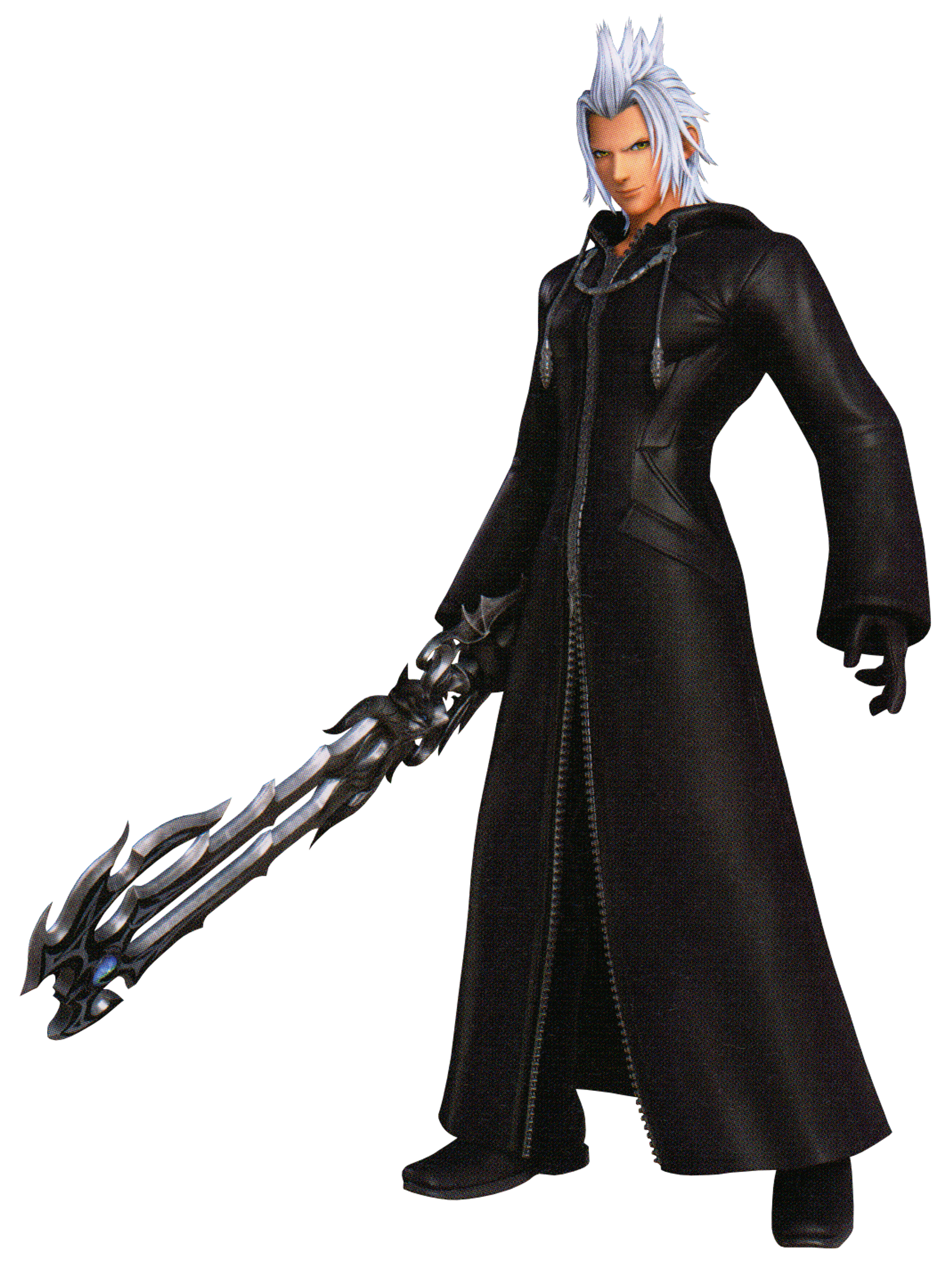 A male character with silver hair, golden eyes, and a dark coat holding a Keyblade-like weapon