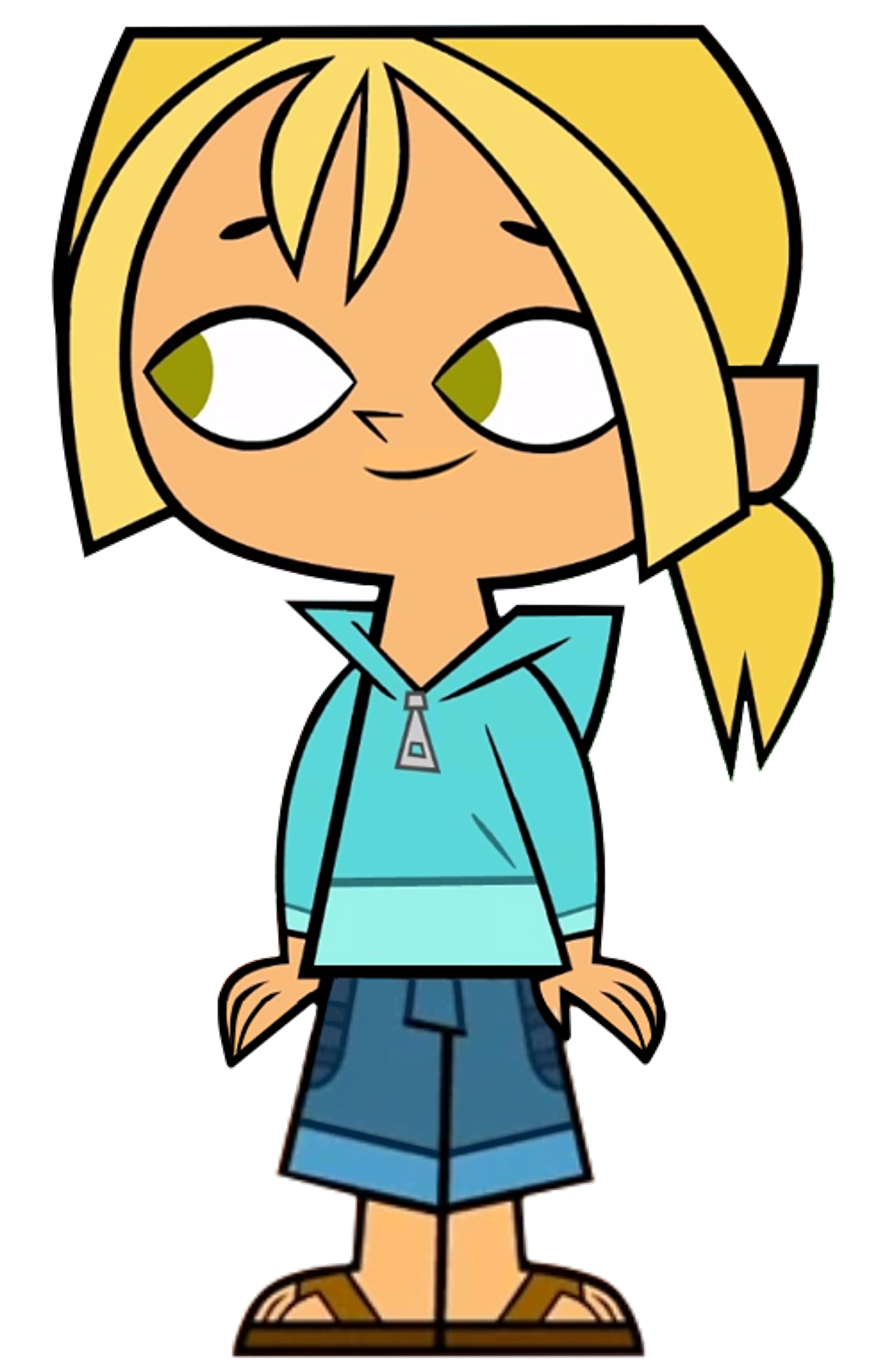 A cartoon character named Bridgette, a friendly blonde girl in teal and blue clothing