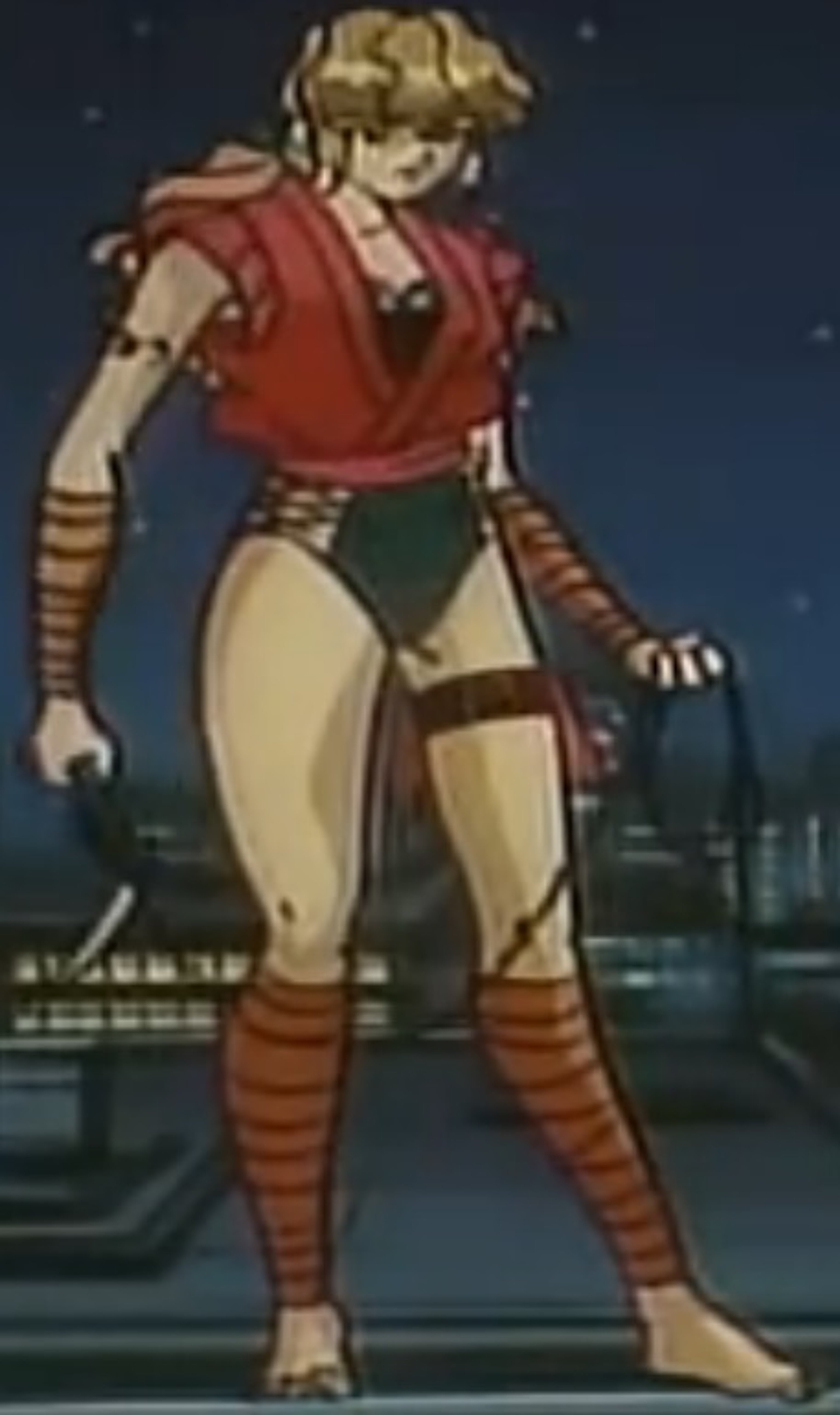 A young female ninja character with blonde hair and a red and white outfit