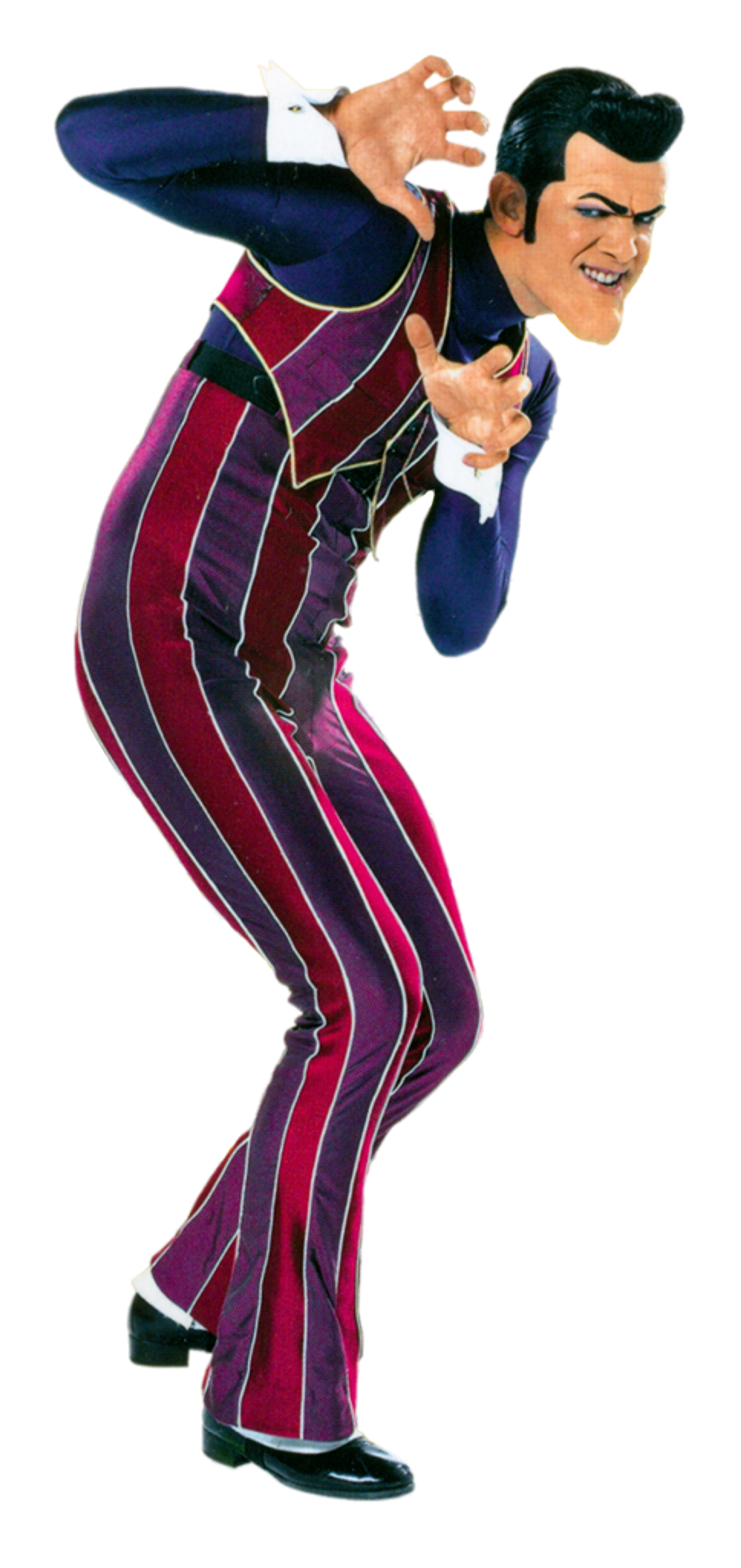 A cartoon character in a colorful, striped suit striking a dramatic pose