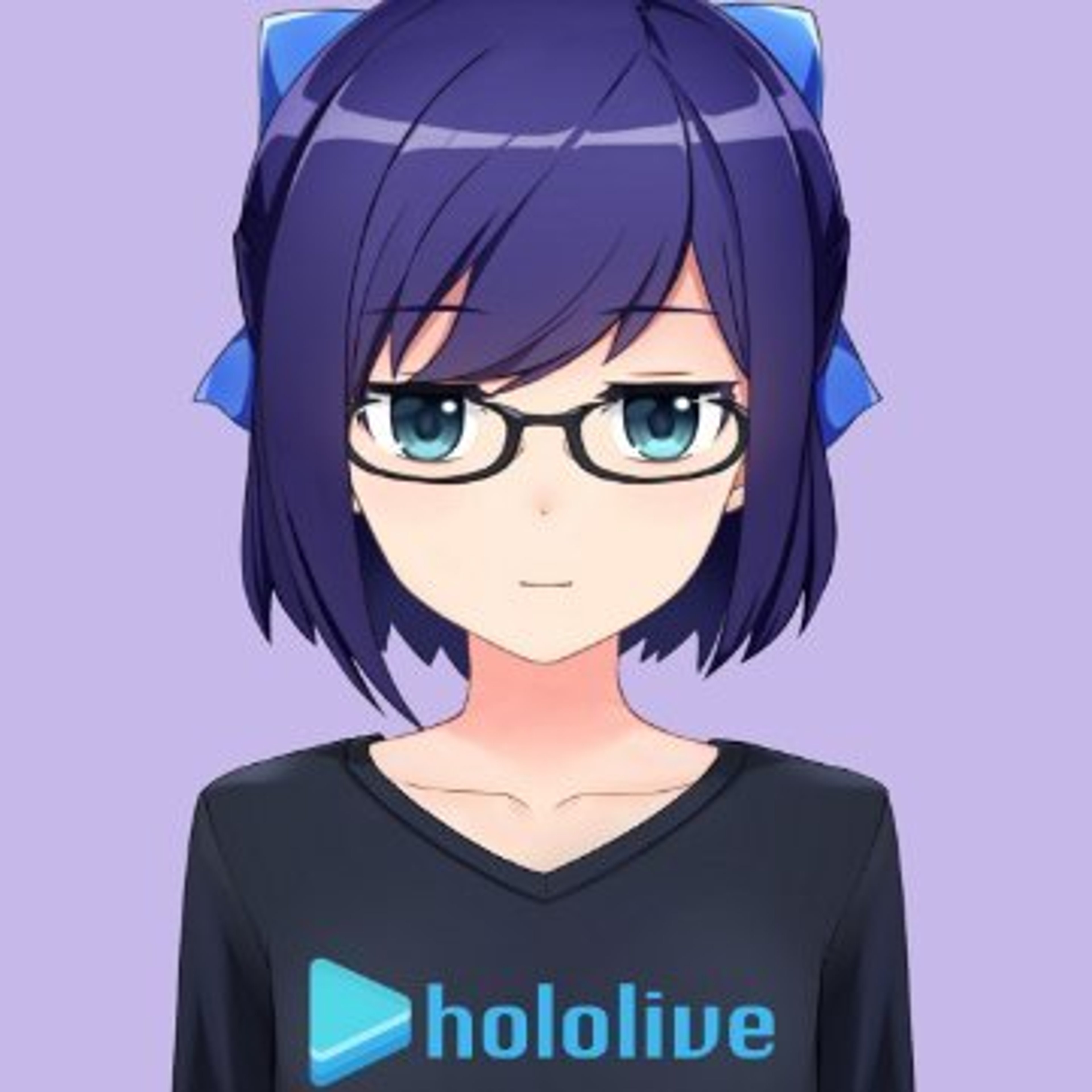 An anime-style character with dark blue hair and glasses wearing a black shirt with the 'hololive' logo