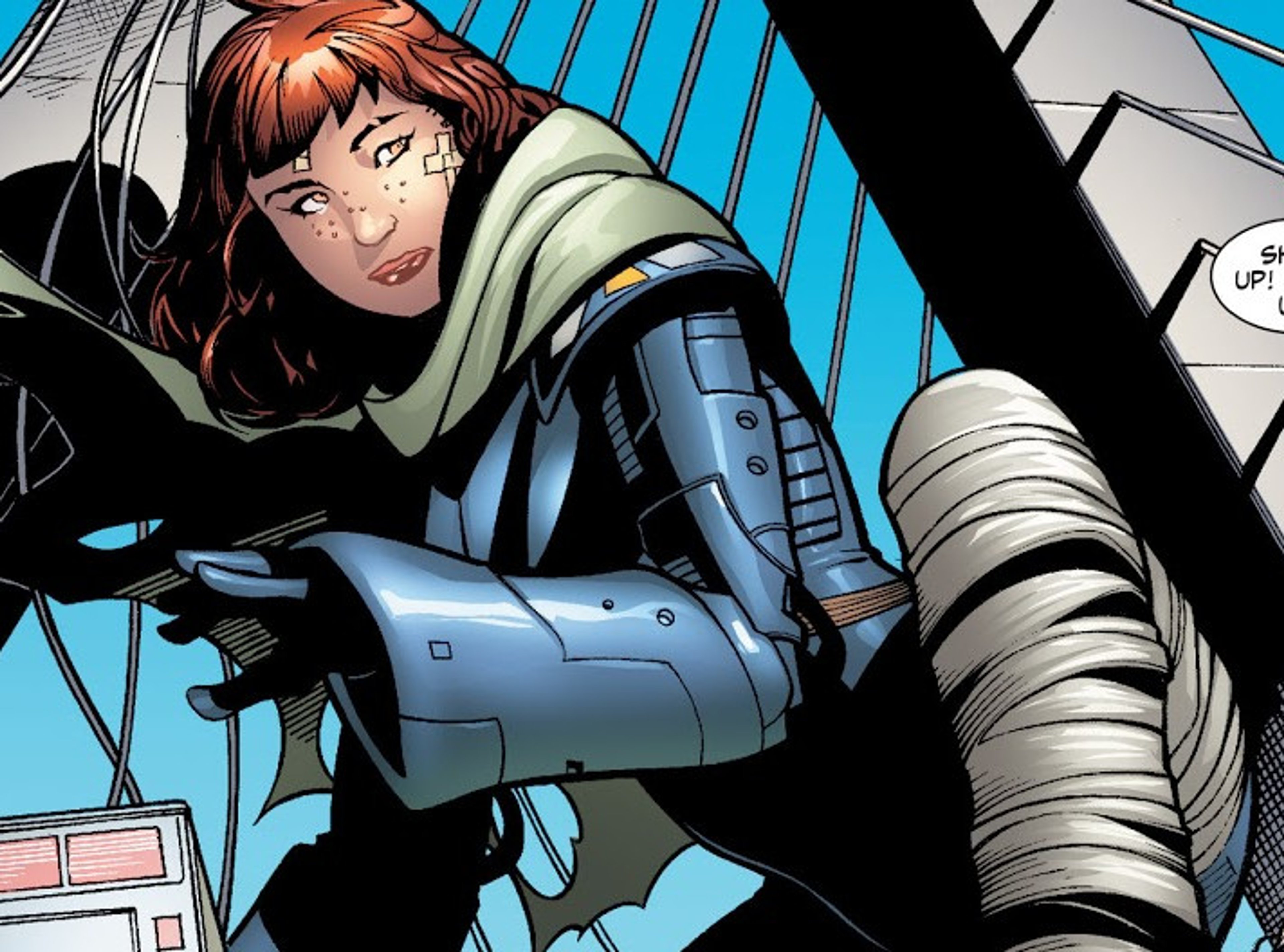 An advanced android character with red hair and a high-tech suit in an action pose.