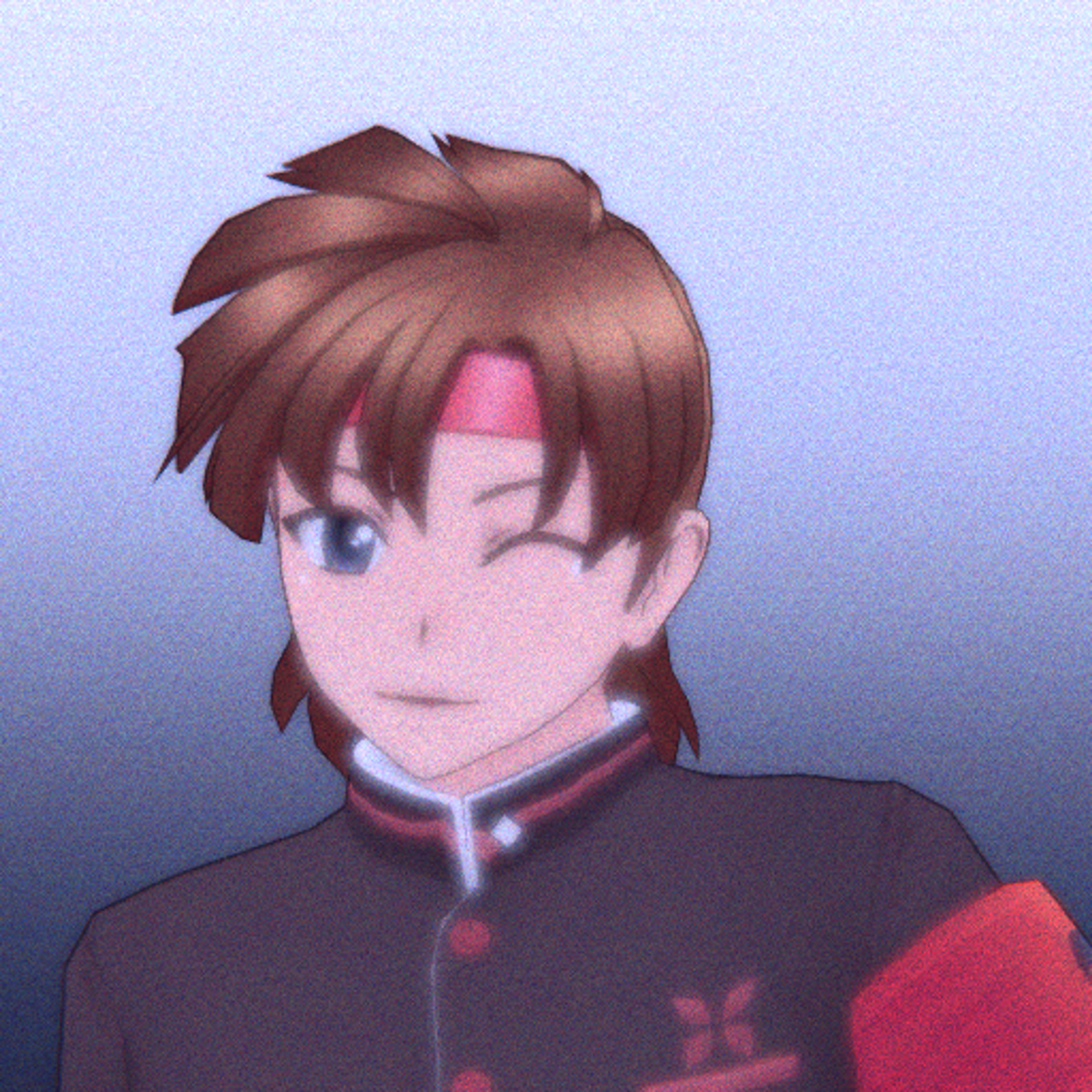 An anime-style character with brown hair and a dark uniform with red trim
