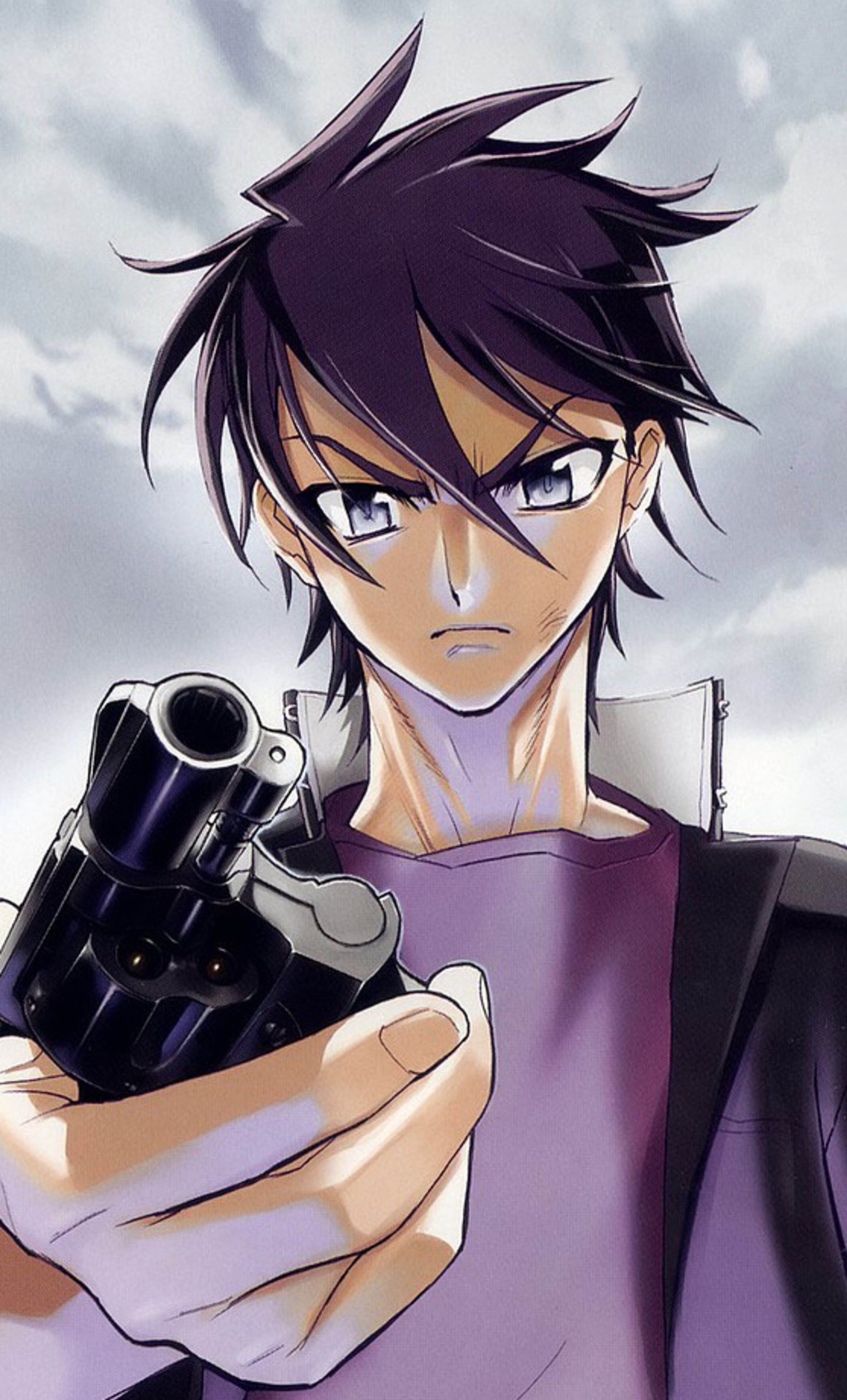 A young man with spiky black hair holding a handgun and looking serious