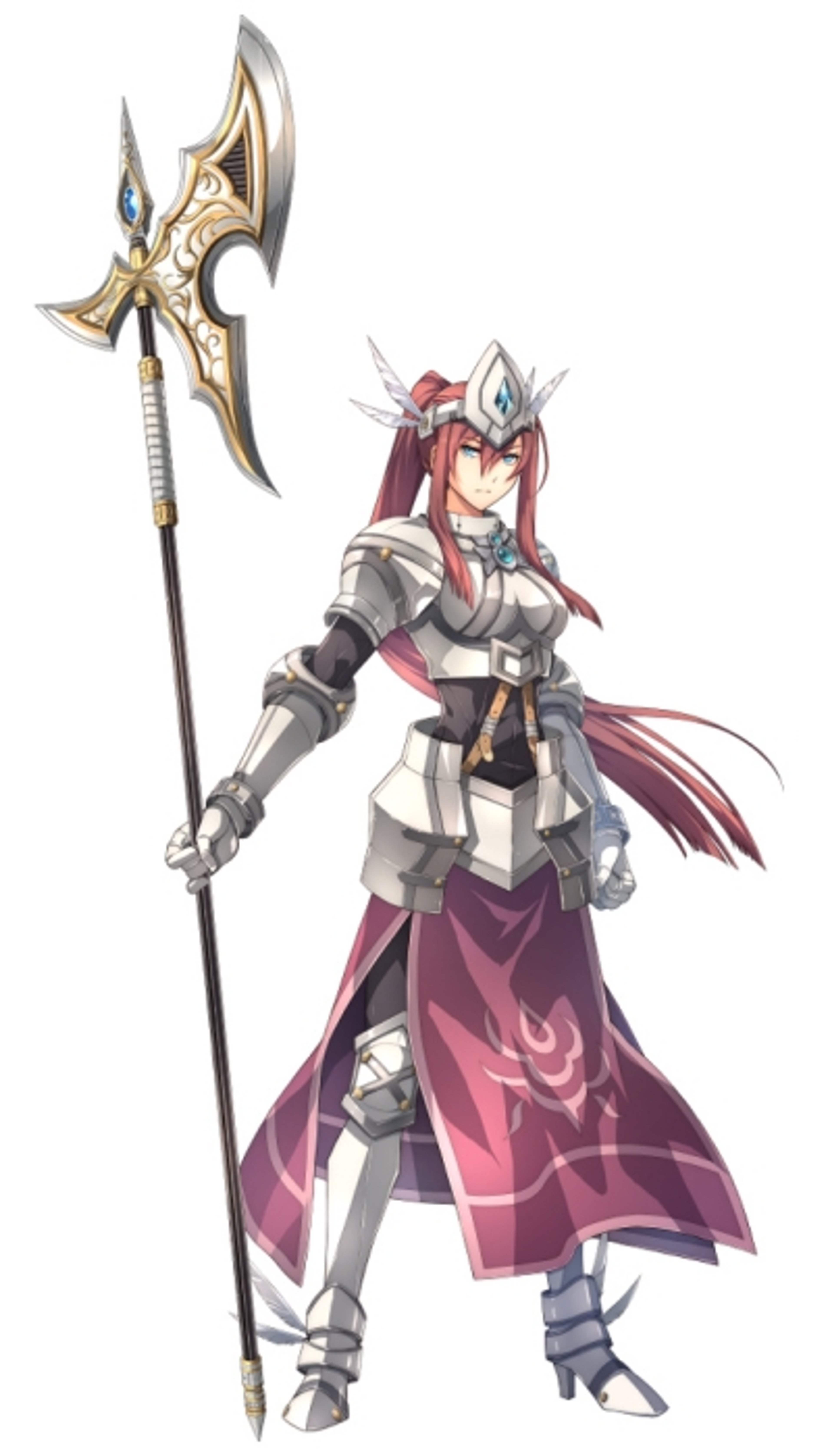 A tall, armored woman with a halberd weapon