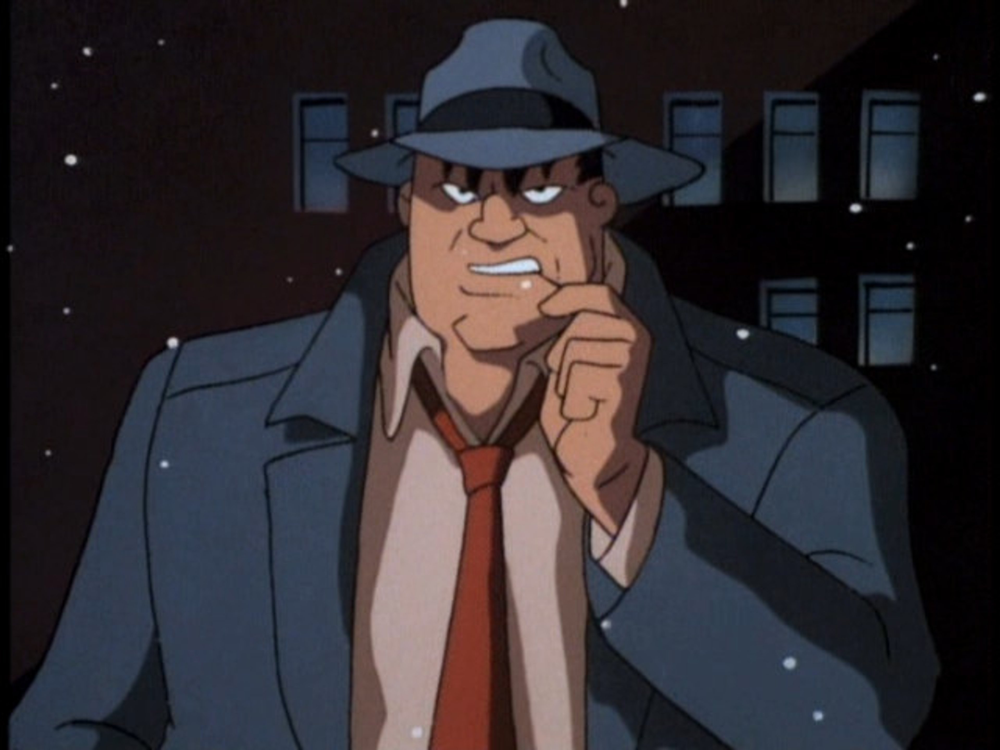 A gruff, tough-looking detective character