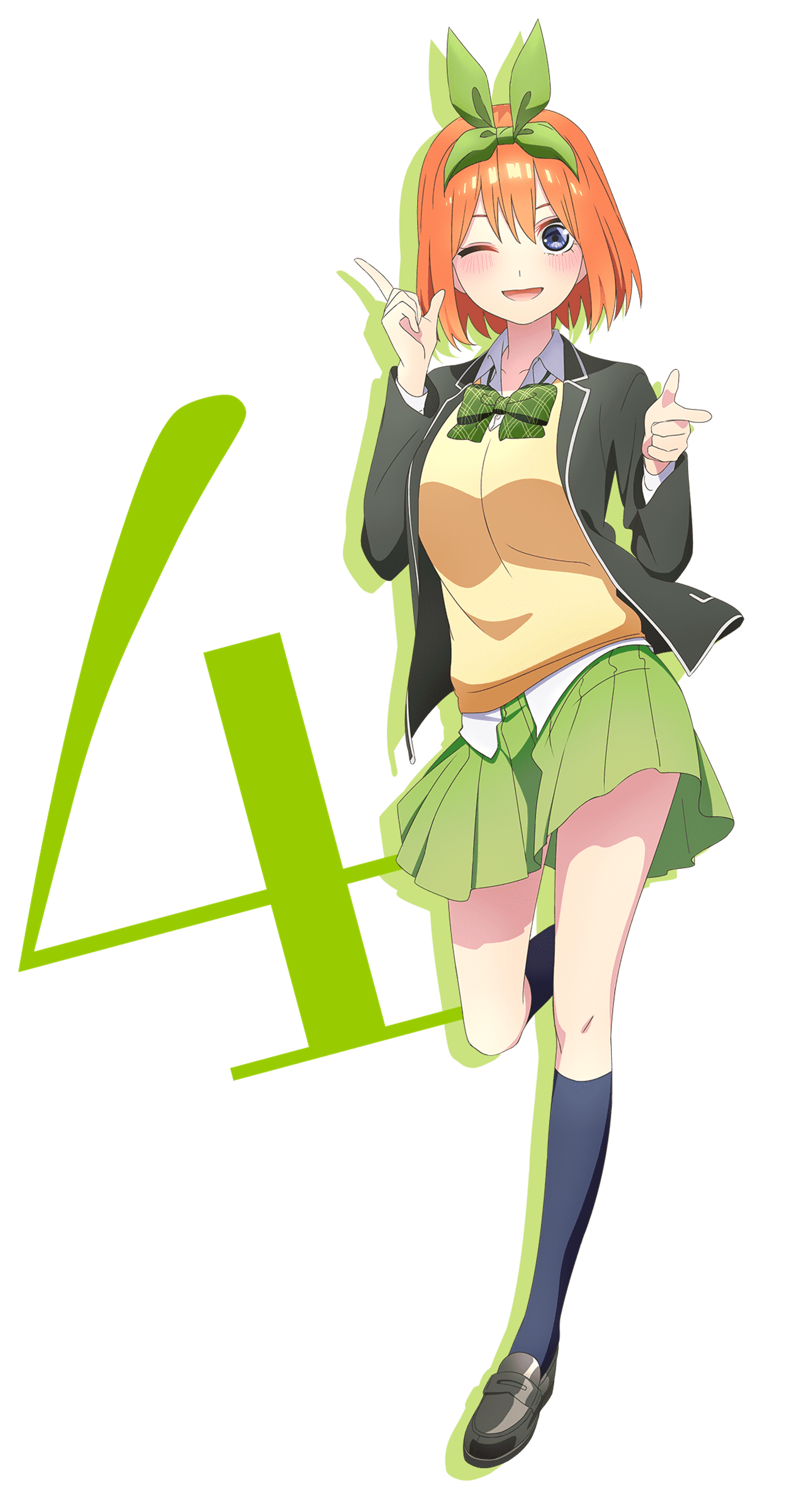 An anime-style character with orange hair in a ponytail, wearing a green jacket, white shirt, and green skirt, making a peace sign.