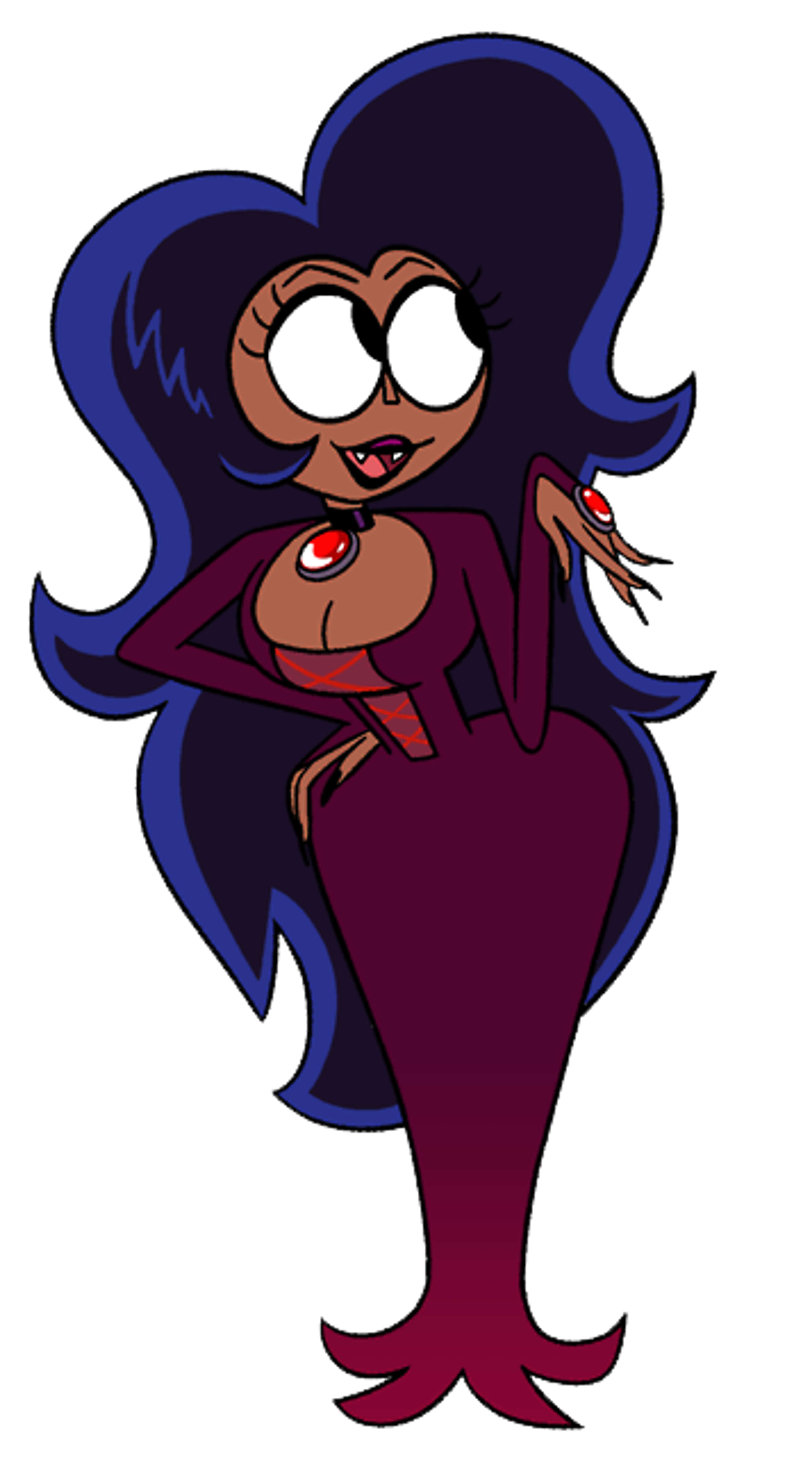 A tall, beautiful dark-skinned vampire woman with long curly dark blue hair, red eyes, sharp fangs, and a long crimson dress.